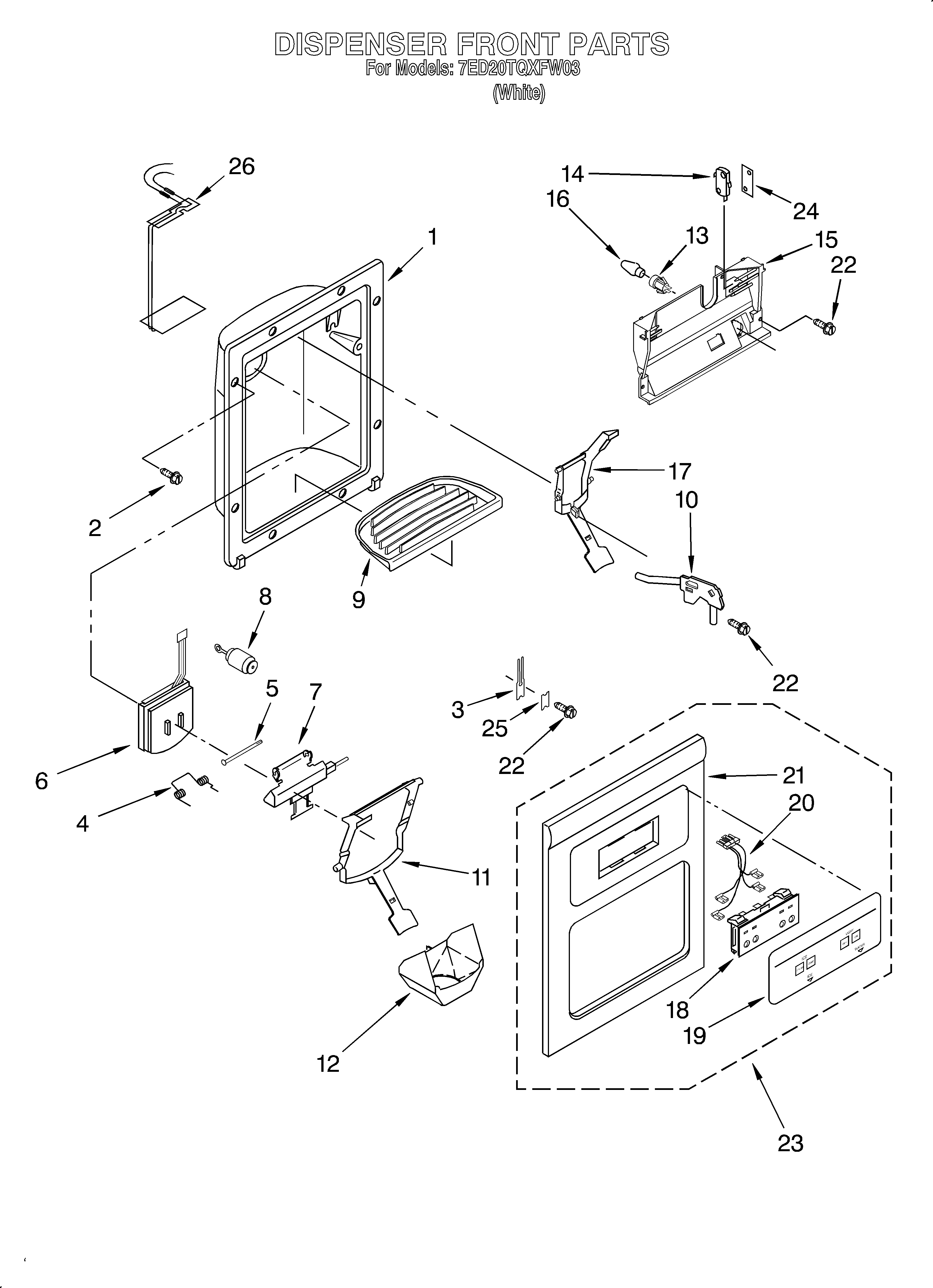 Whirlpool 7ED20TQXFW03 dispenser front diagram