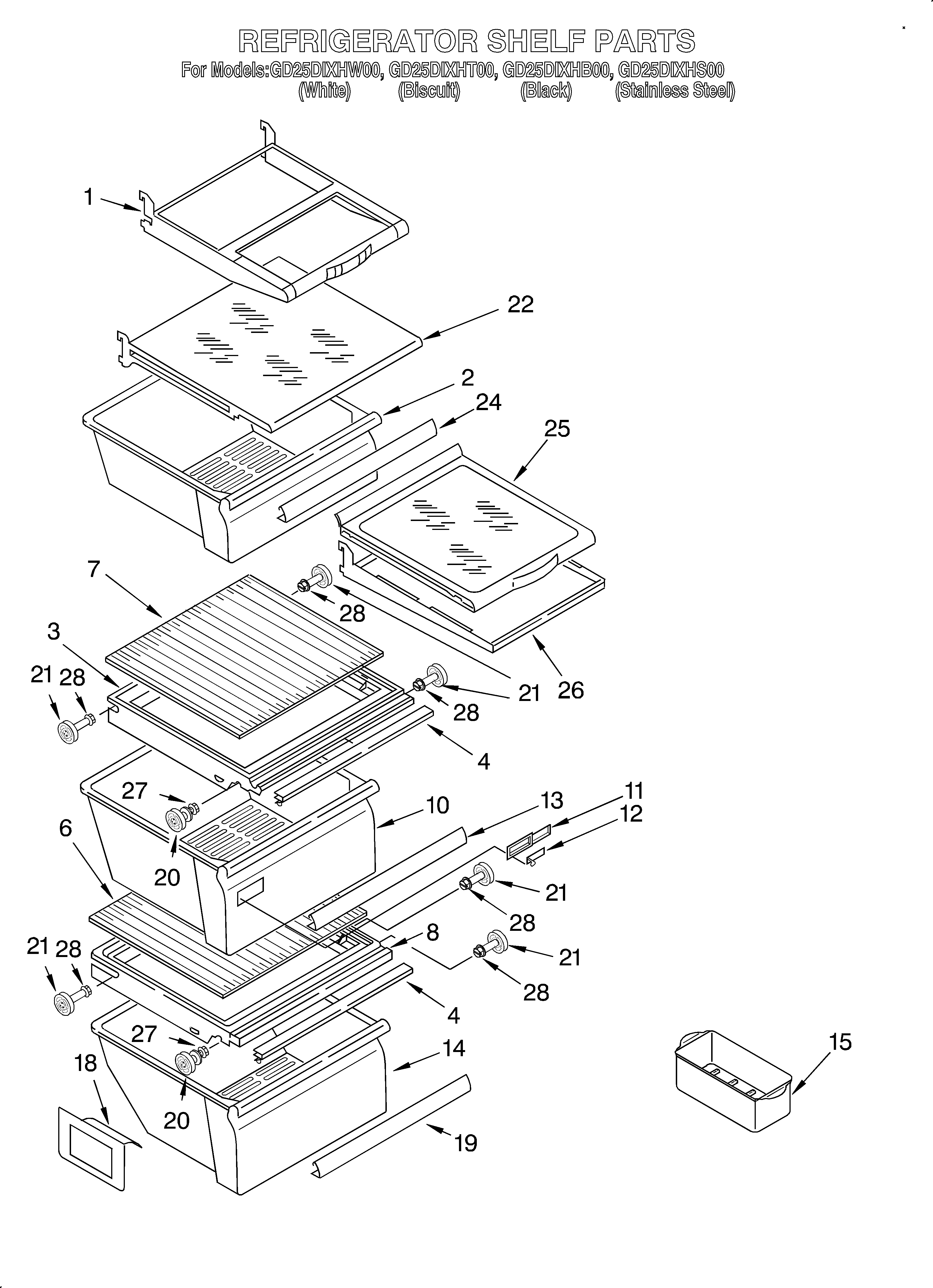 Whirlpool GD25DIXHT00 refrigerator shelf diagram
