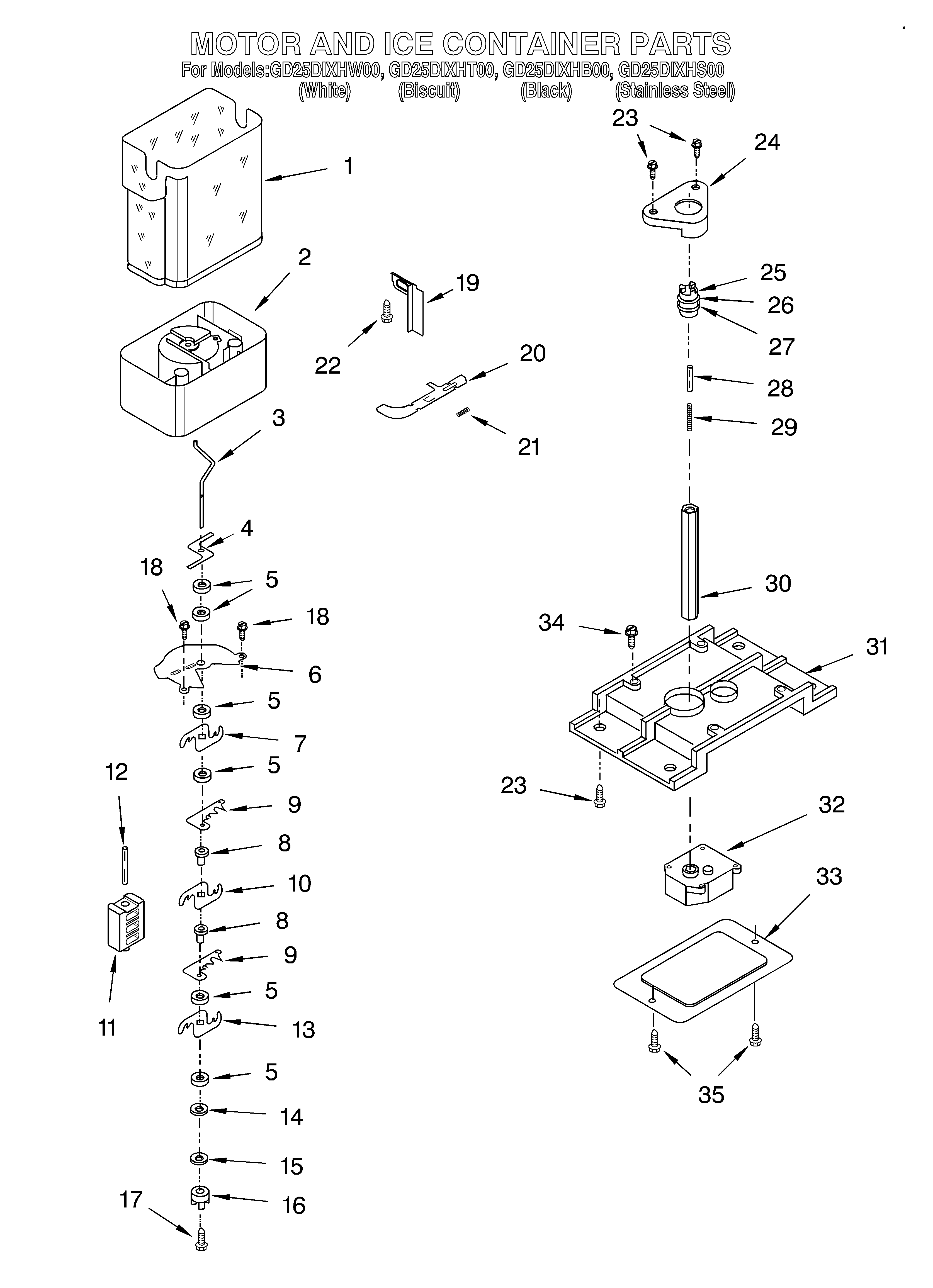 Whirlpool GD25DIXHT00 motor and ice container diagram