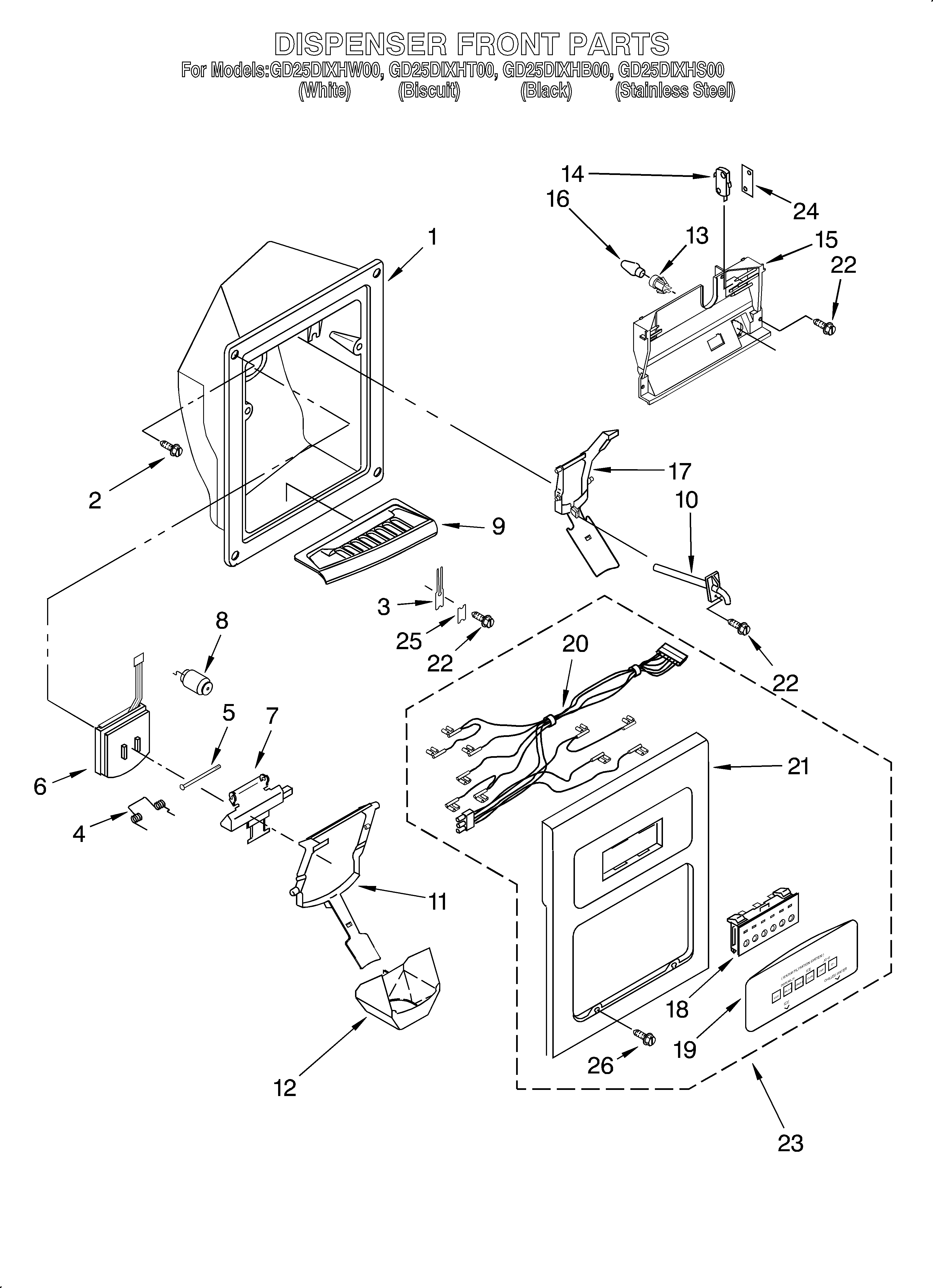 Whirlpool GD25DIXHT00 dispenser front diagram