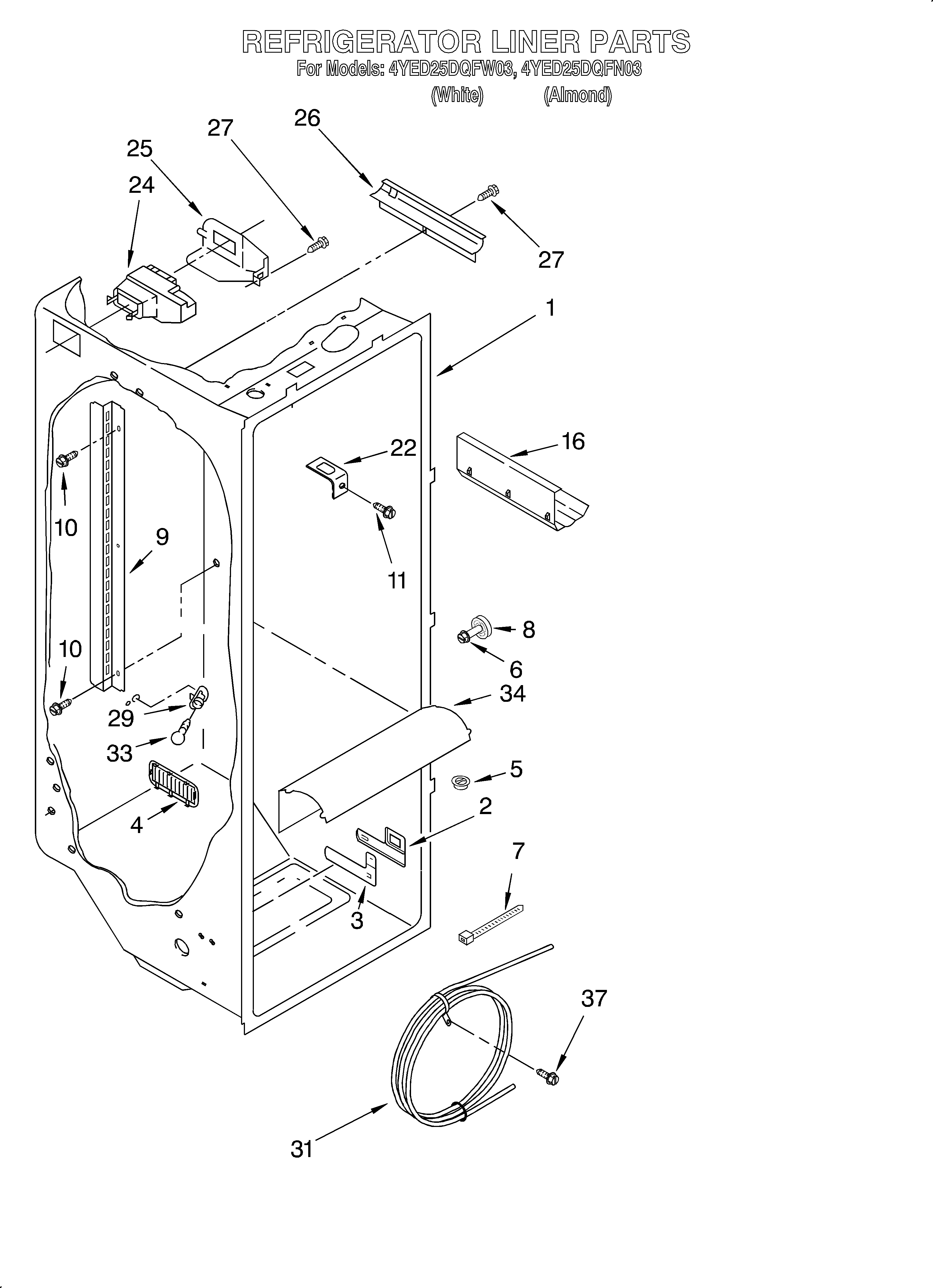 Whirlpool 4YED25DQFN03 refrigerator liner diagram