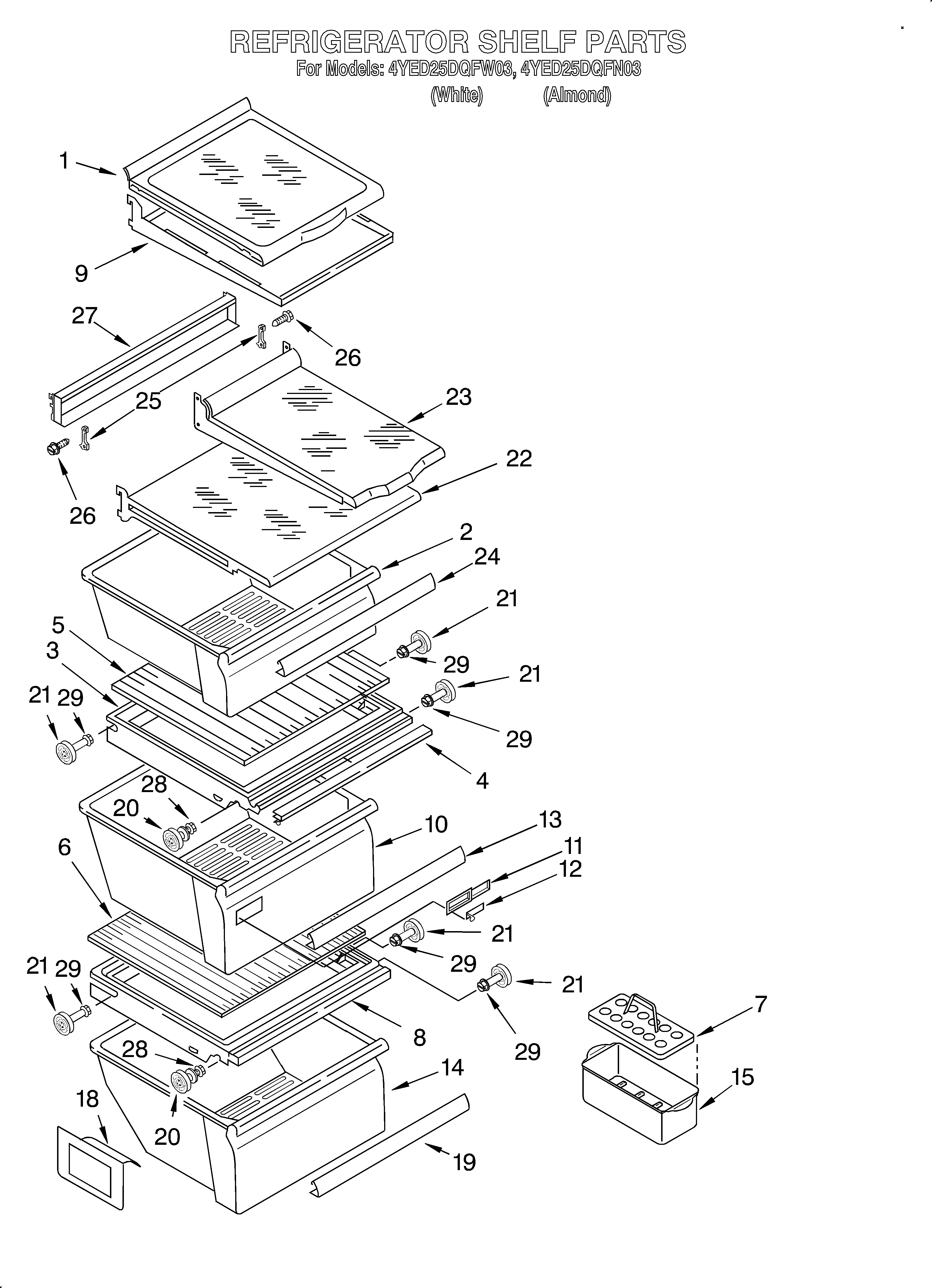 Whirlpool 4YED25DQFN03 refrigerator shelf diagram