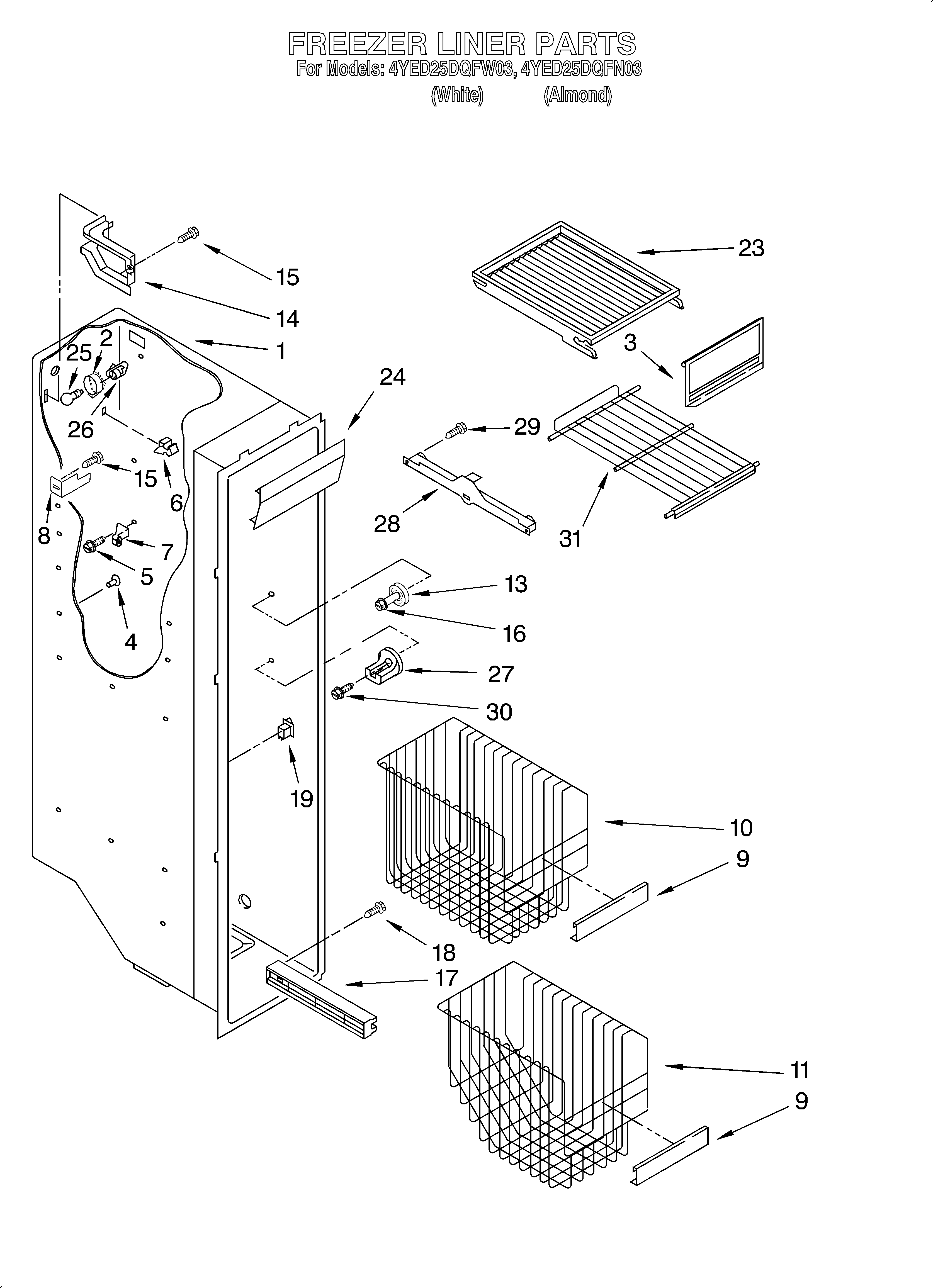 Whirlpool 4YED25DQFN03 freezer liner diagram