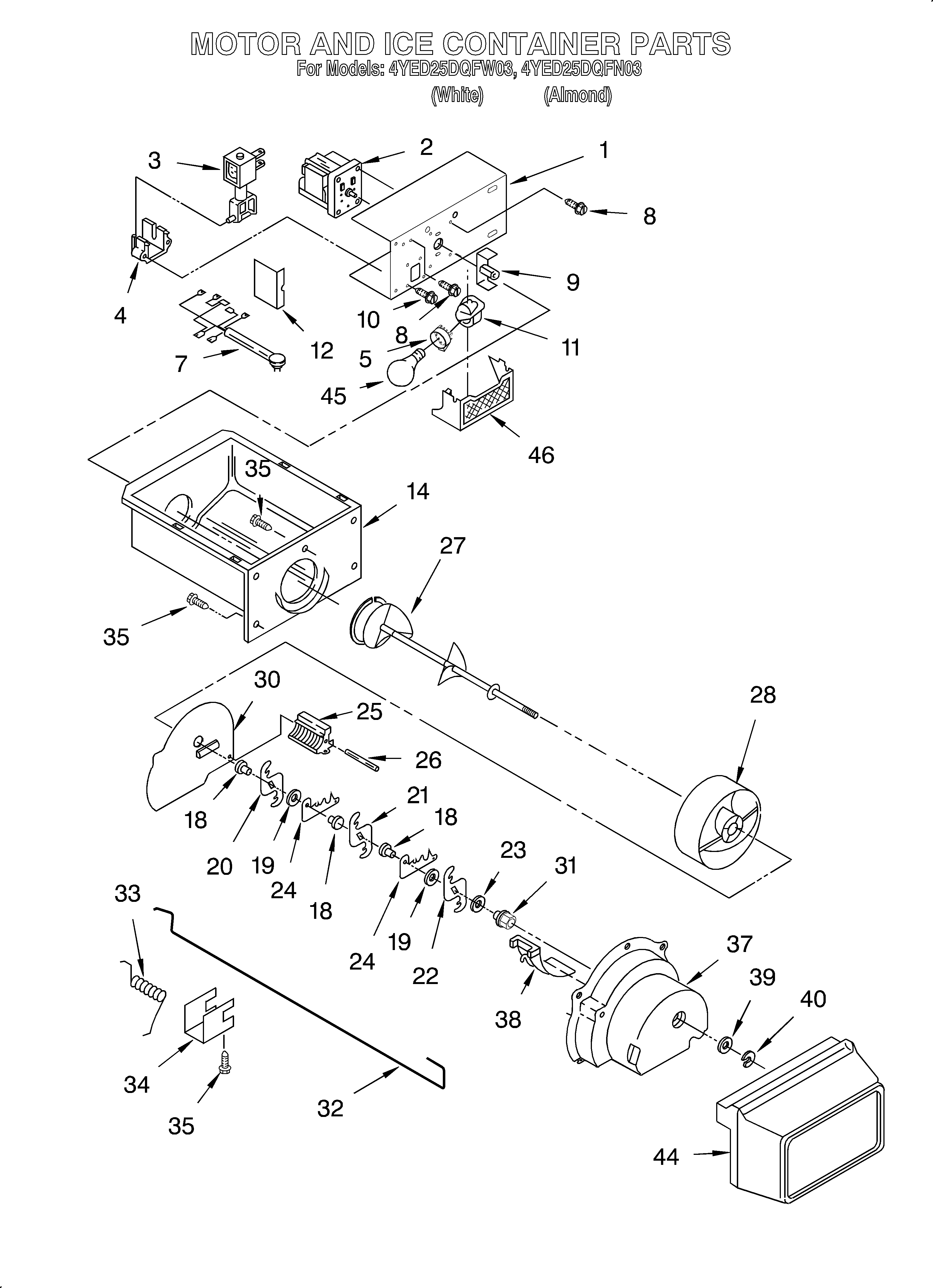 Whirlpool 4YED25DQFN03 motor and ice container diagram