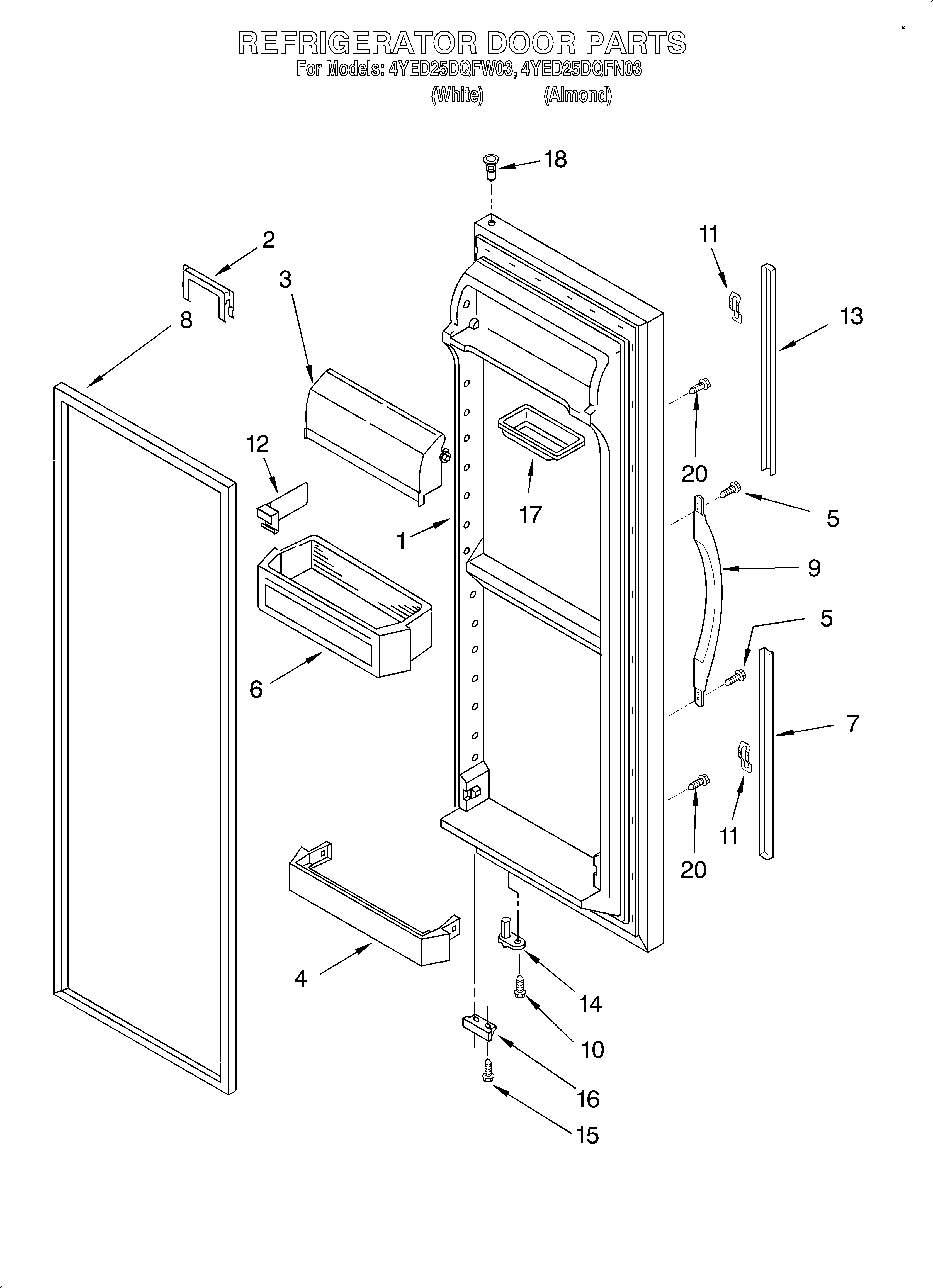 Whirlpool 4YED25DQFN03 refrigerator door diagram