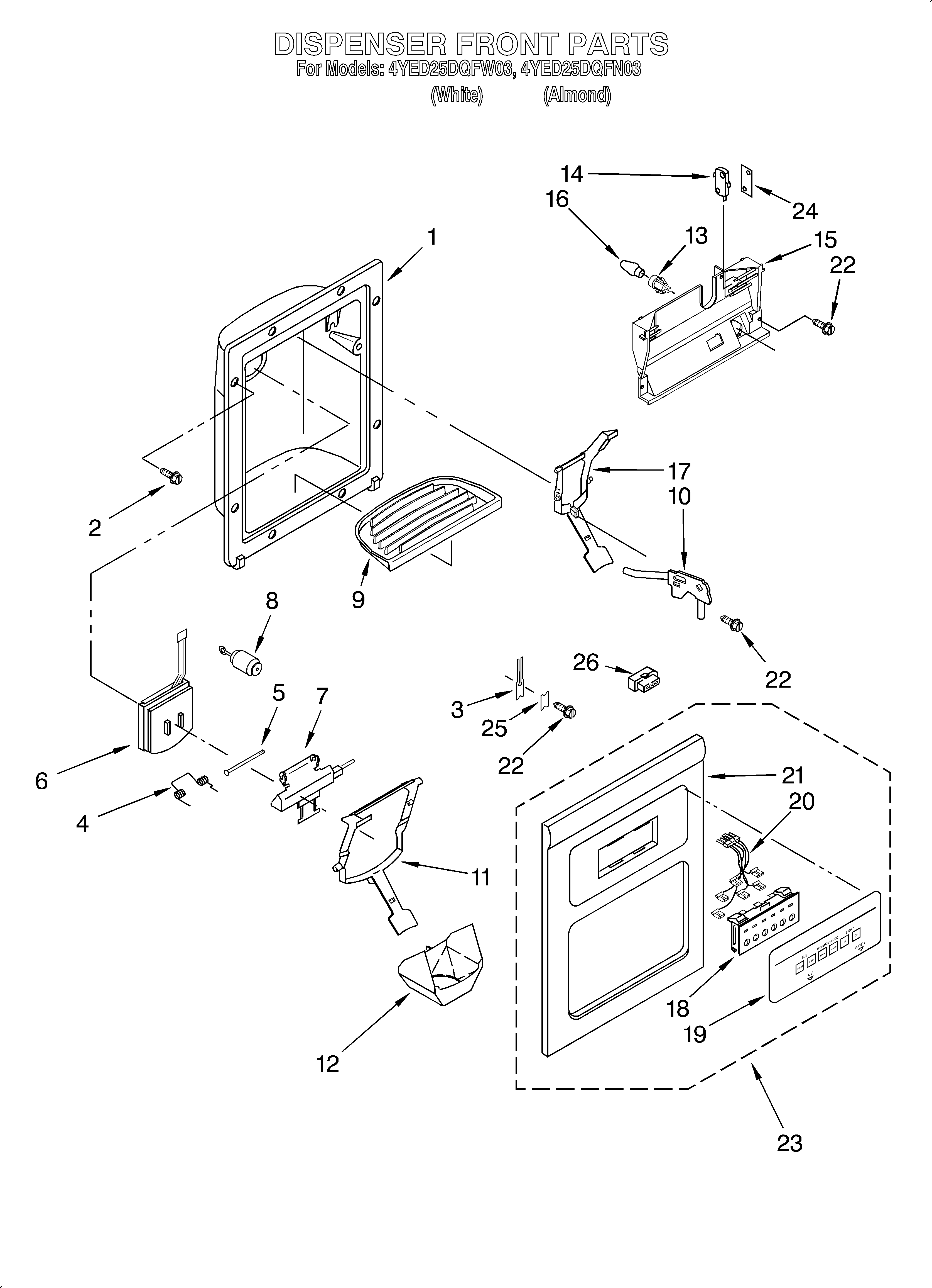 Whirlpool 4YED25DQFN03 dispenser front diagram