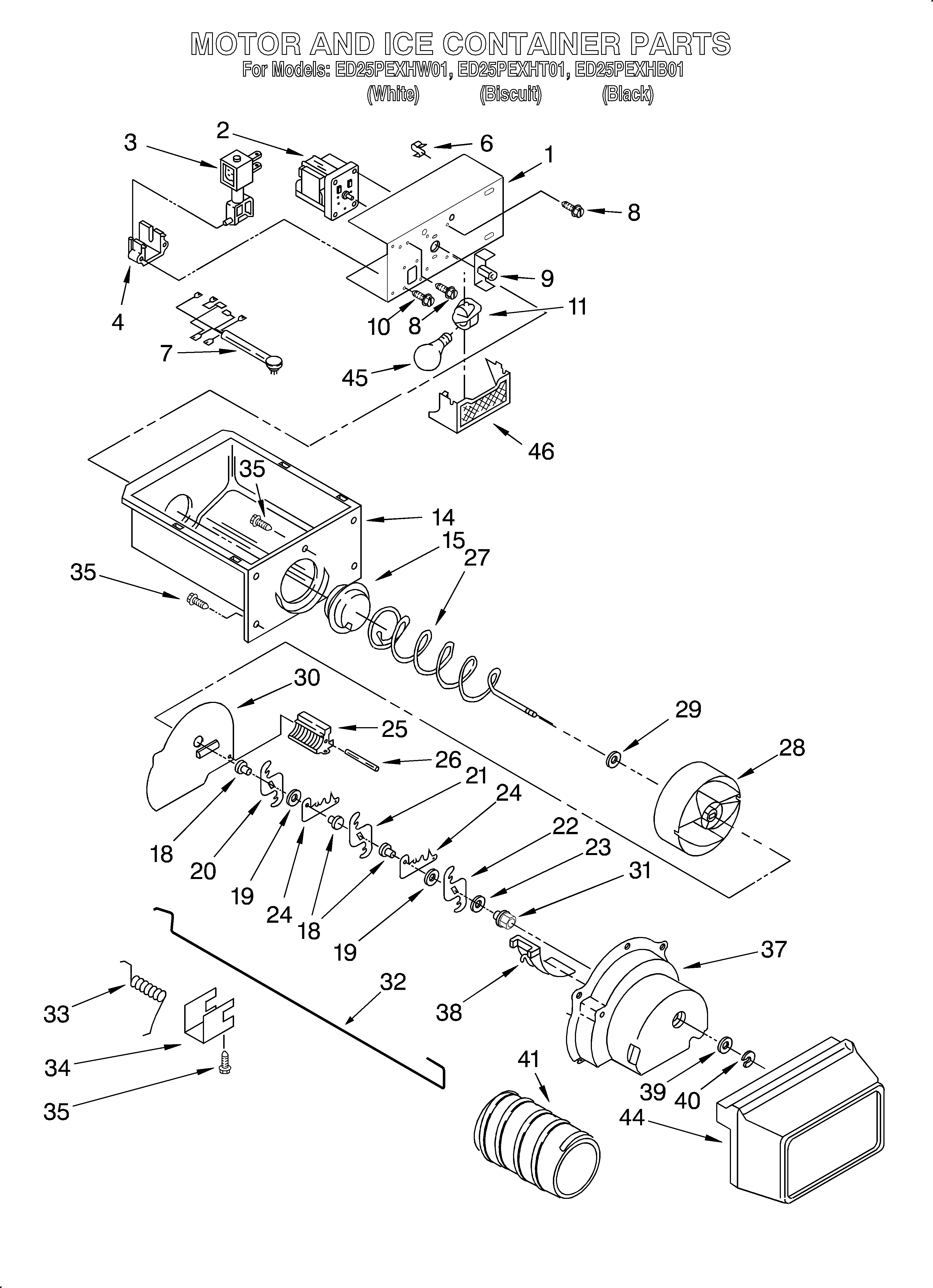 Whirlpool ED25PEXHT01 motor and ice container diagram