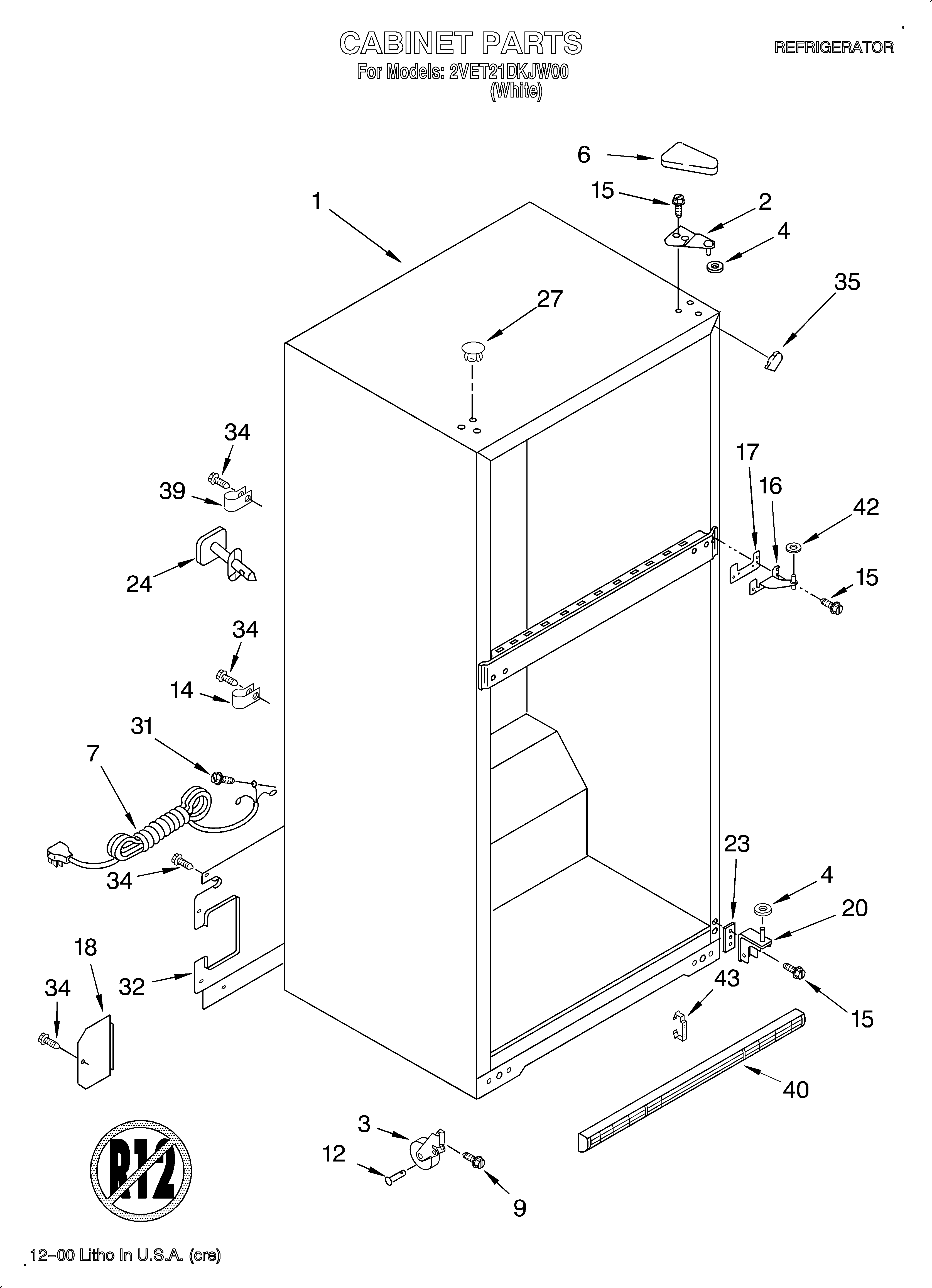 Whirlpool 2VET21DKJW00 cabinet diagram