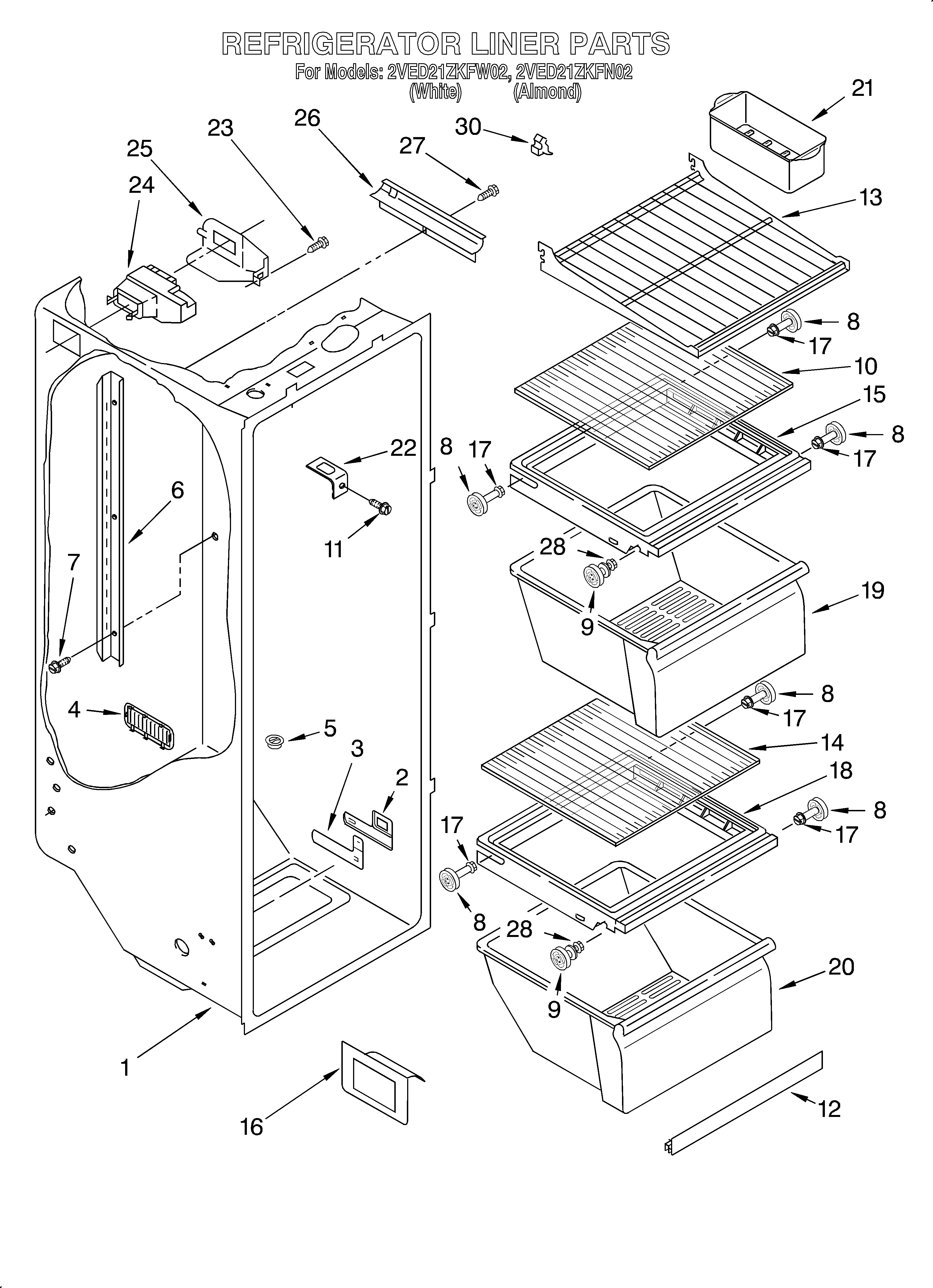 Whirlpool 2VED21ZKFN02 refrigerator liner diagram