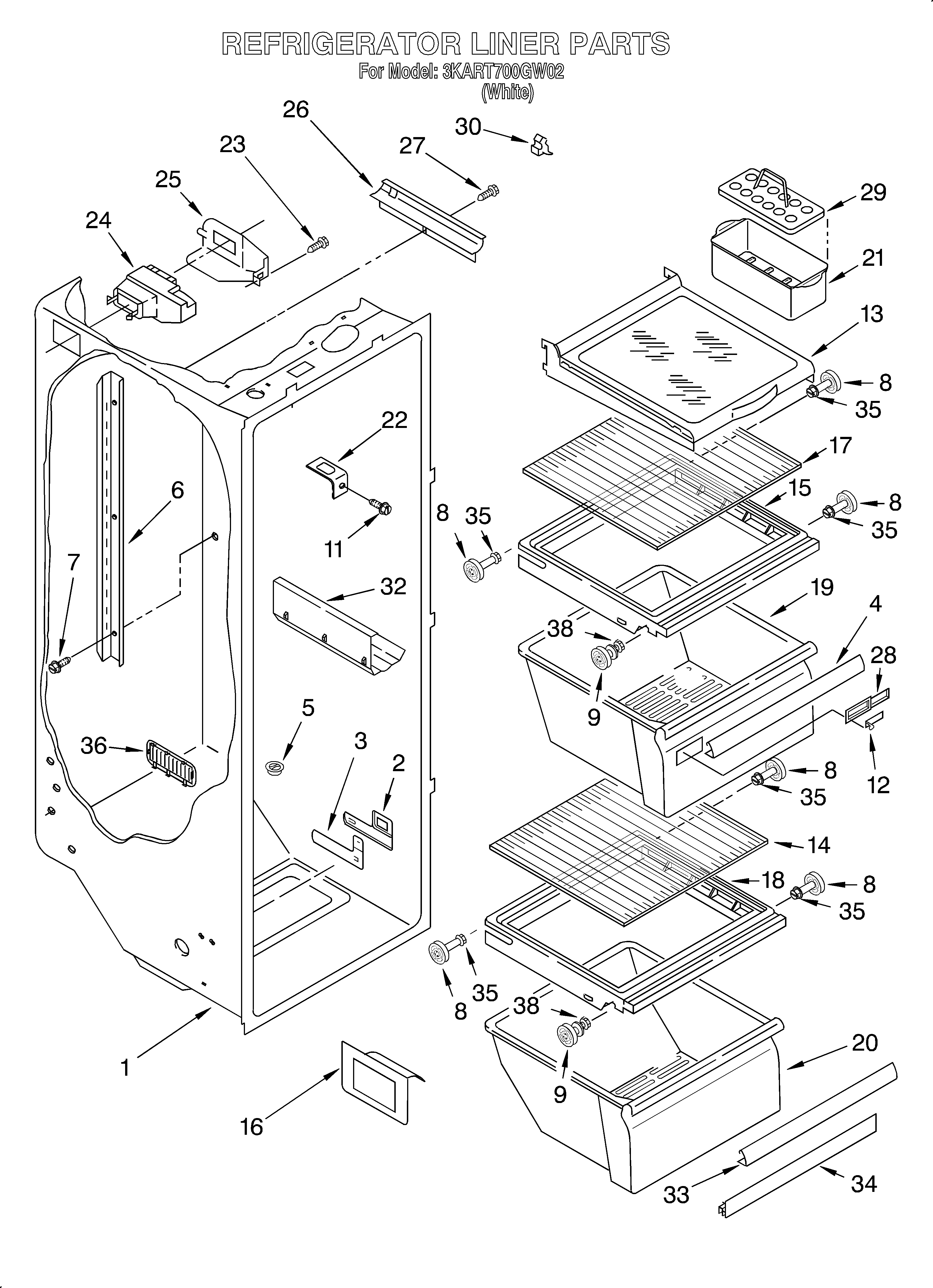 Whirlpool 3KART700GW02 refrigerator liner diagram