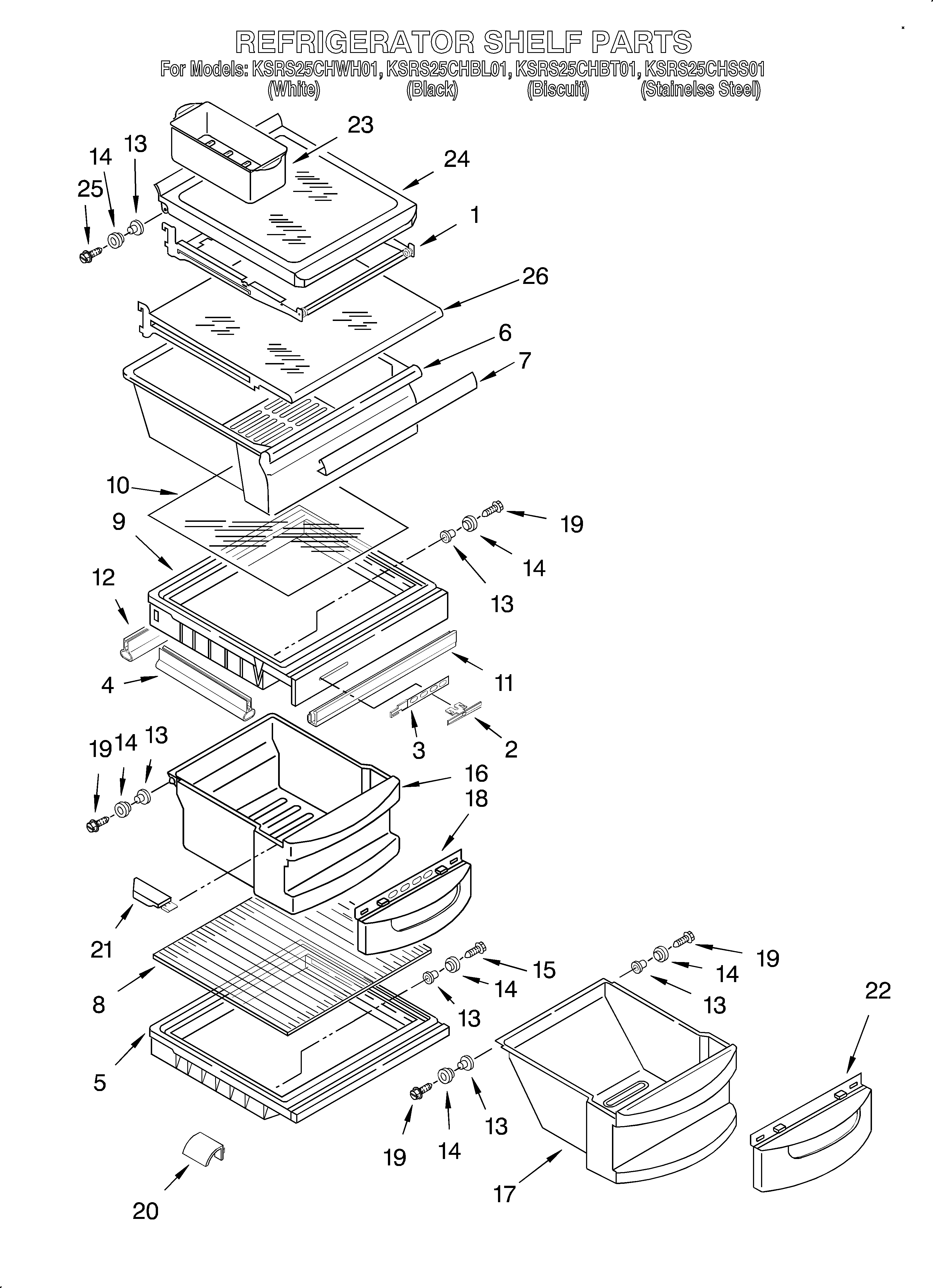KitchenAid KSRS25CHBL01 refrigerator shelf diagram