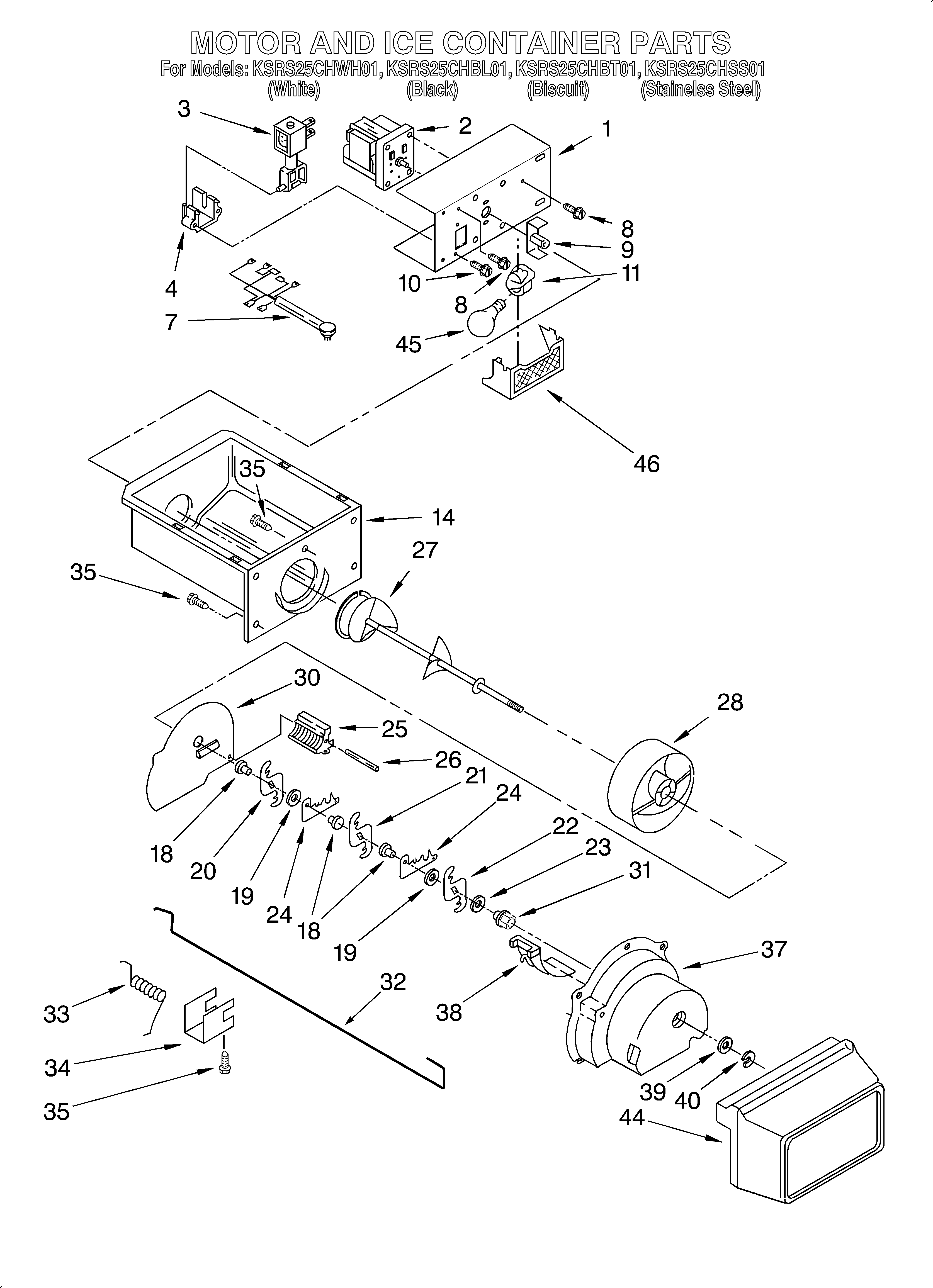 KitchenAid KSRS25CHBL01 motor and ice container diagram