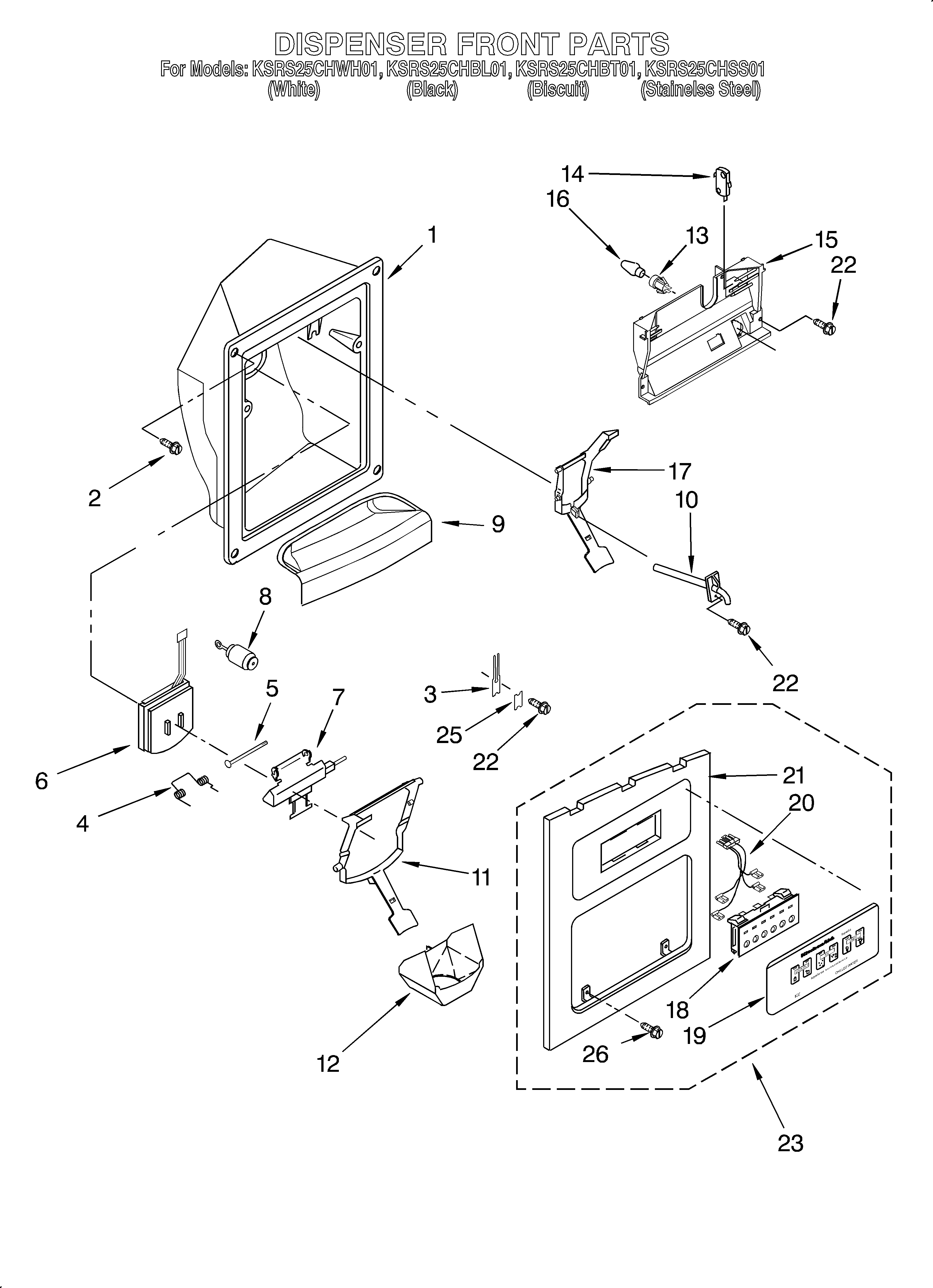 KitchenAid KSRS25CHBL01 dispenser front diagram
