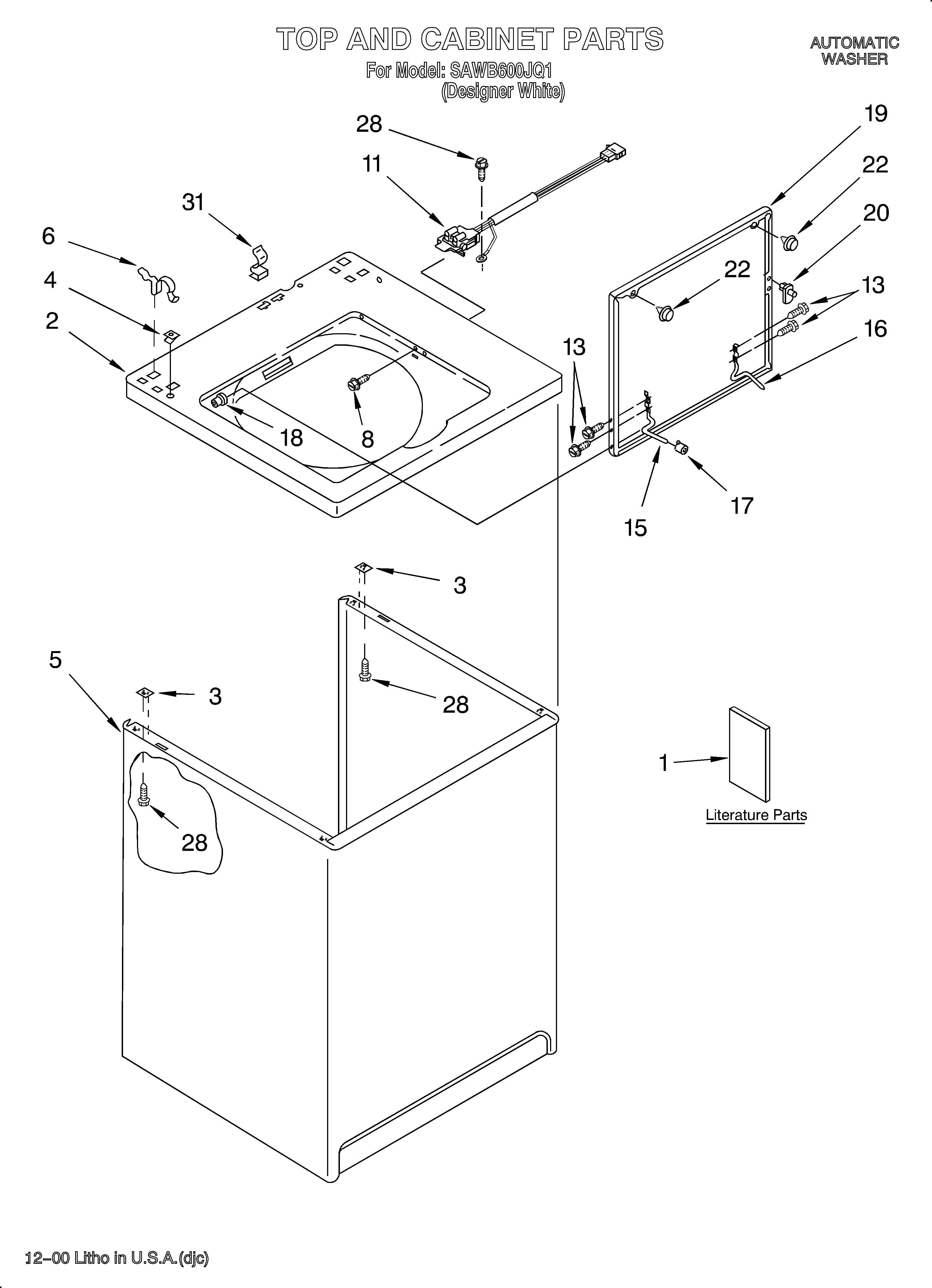Whirlpool SAWB600JQ1 top and cabinet/literature diagram