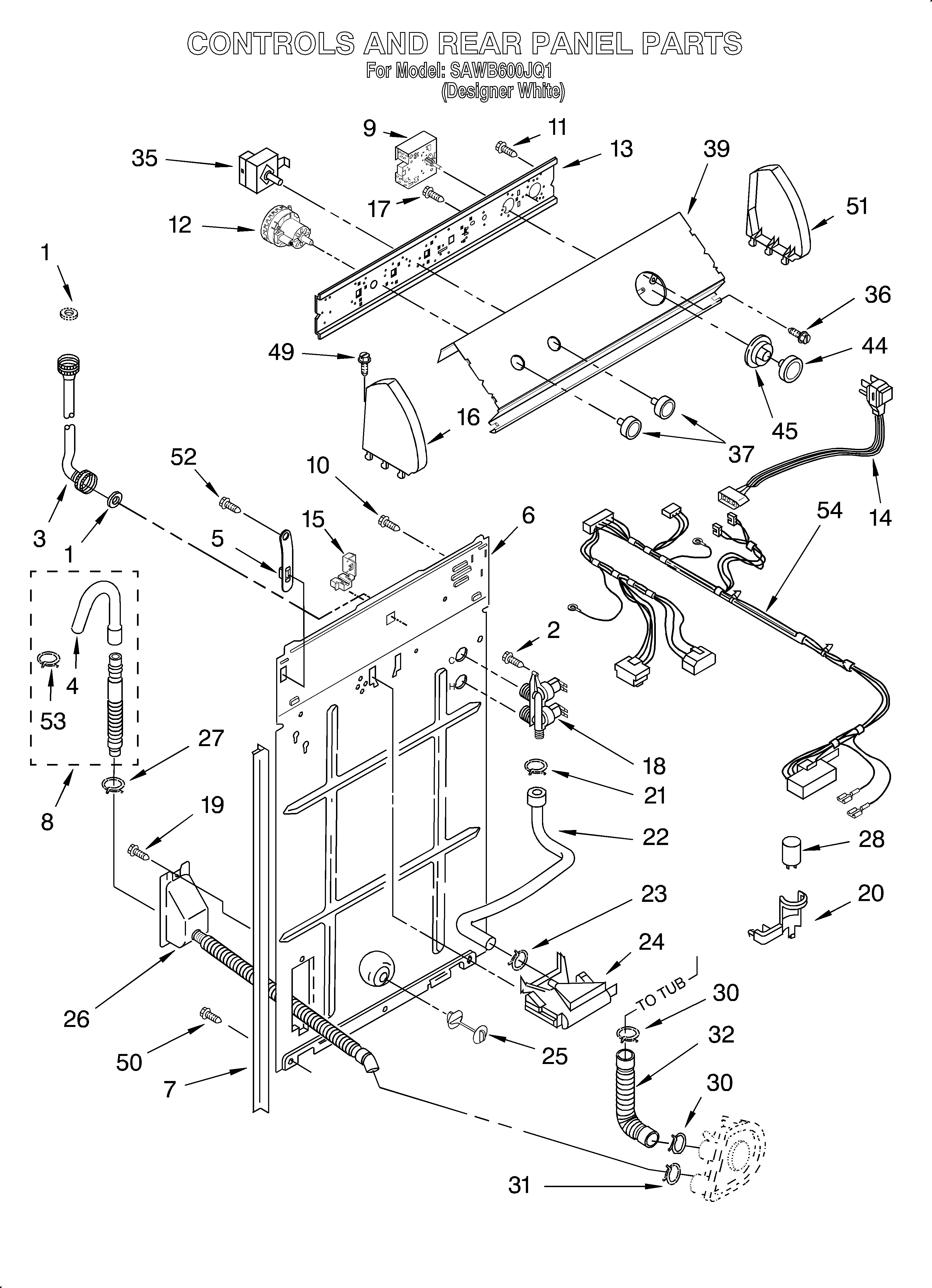 Whirlpool SAWB600JQ1 controls and rear panel diagram