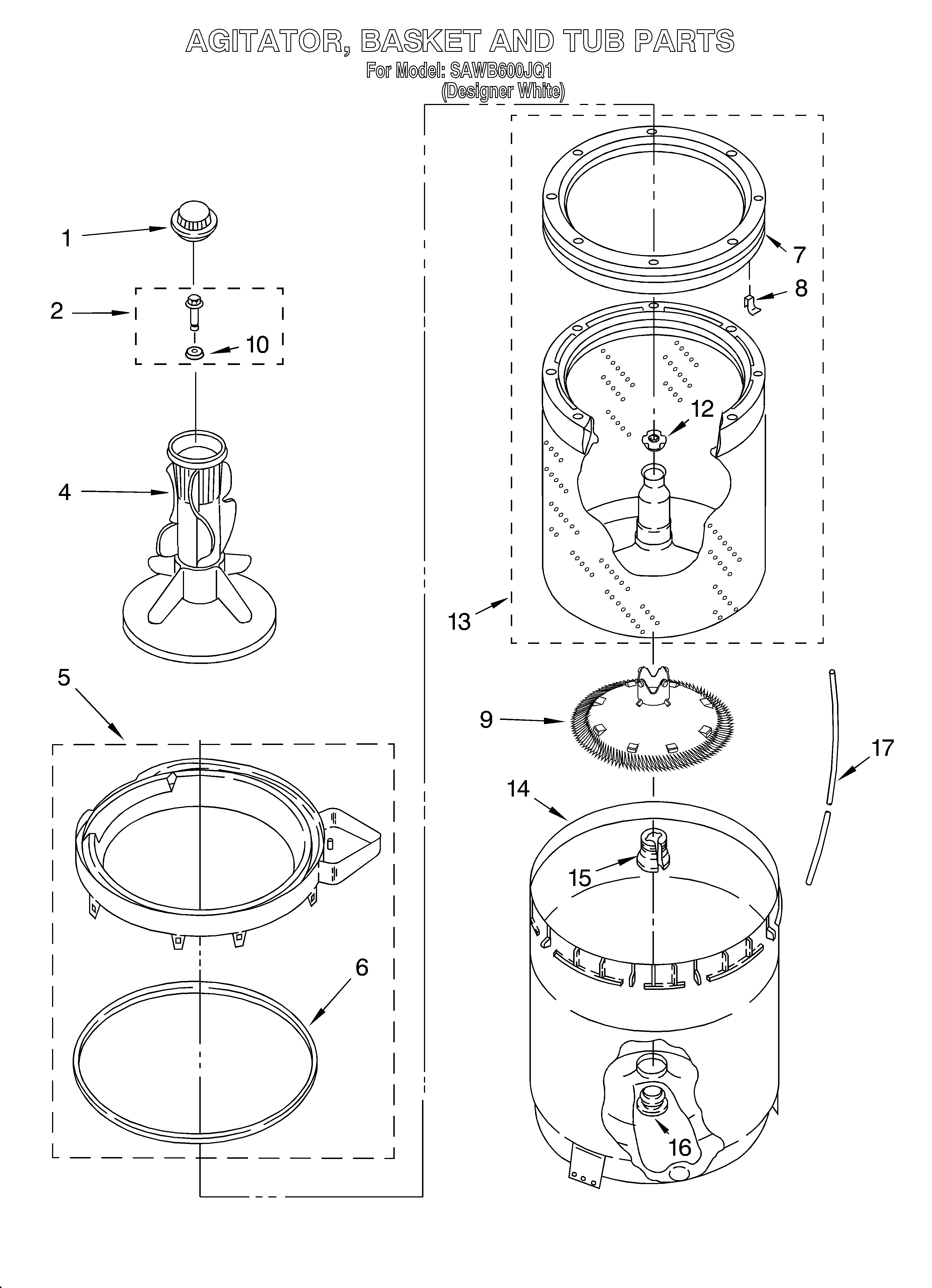 Whirlpool SAWB600JQ1 agitator, basket and tub diagram