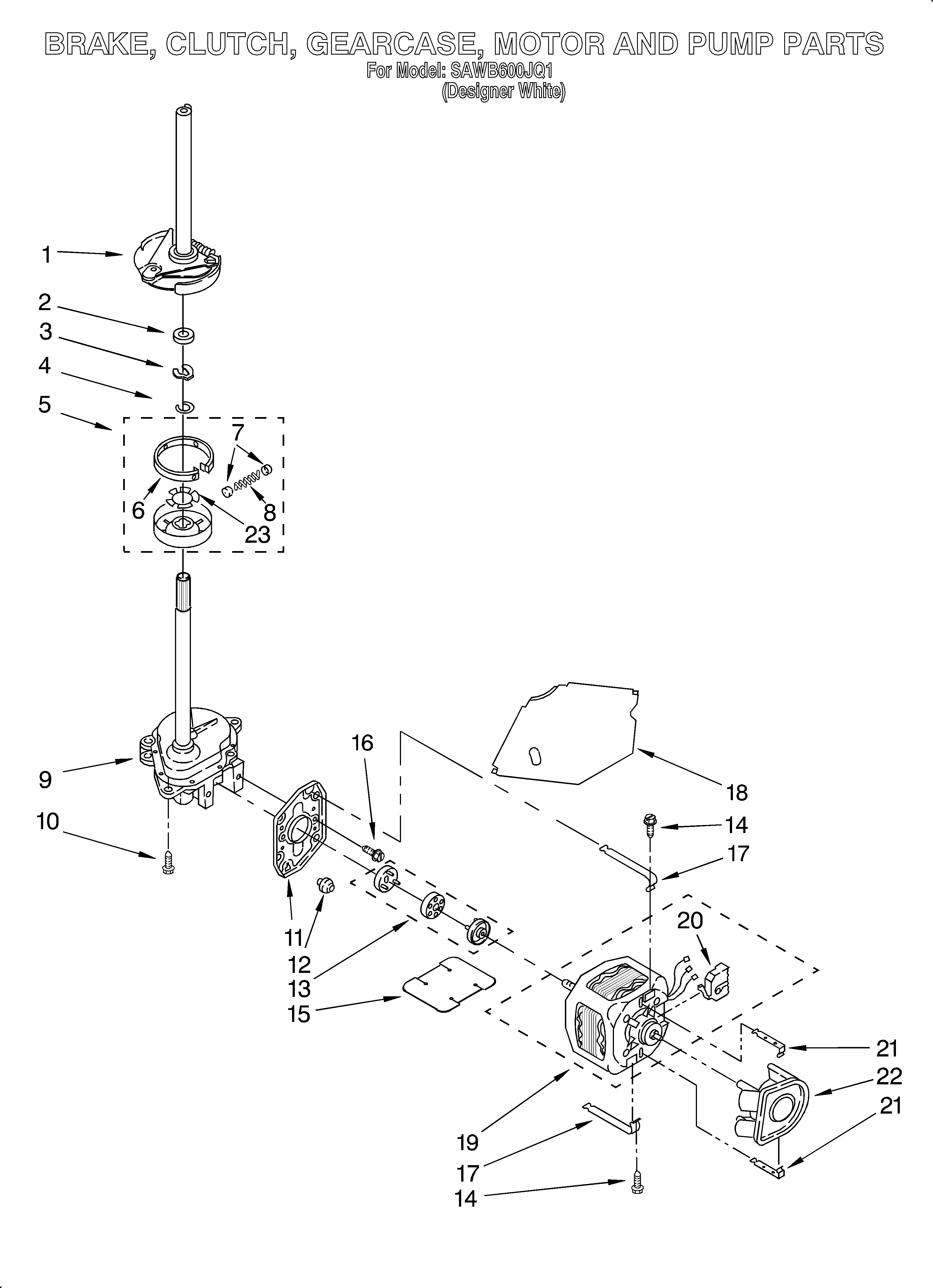 Whirlpool SAWB600JQ1 brake, clutch, gearcase, motor and pump diagram