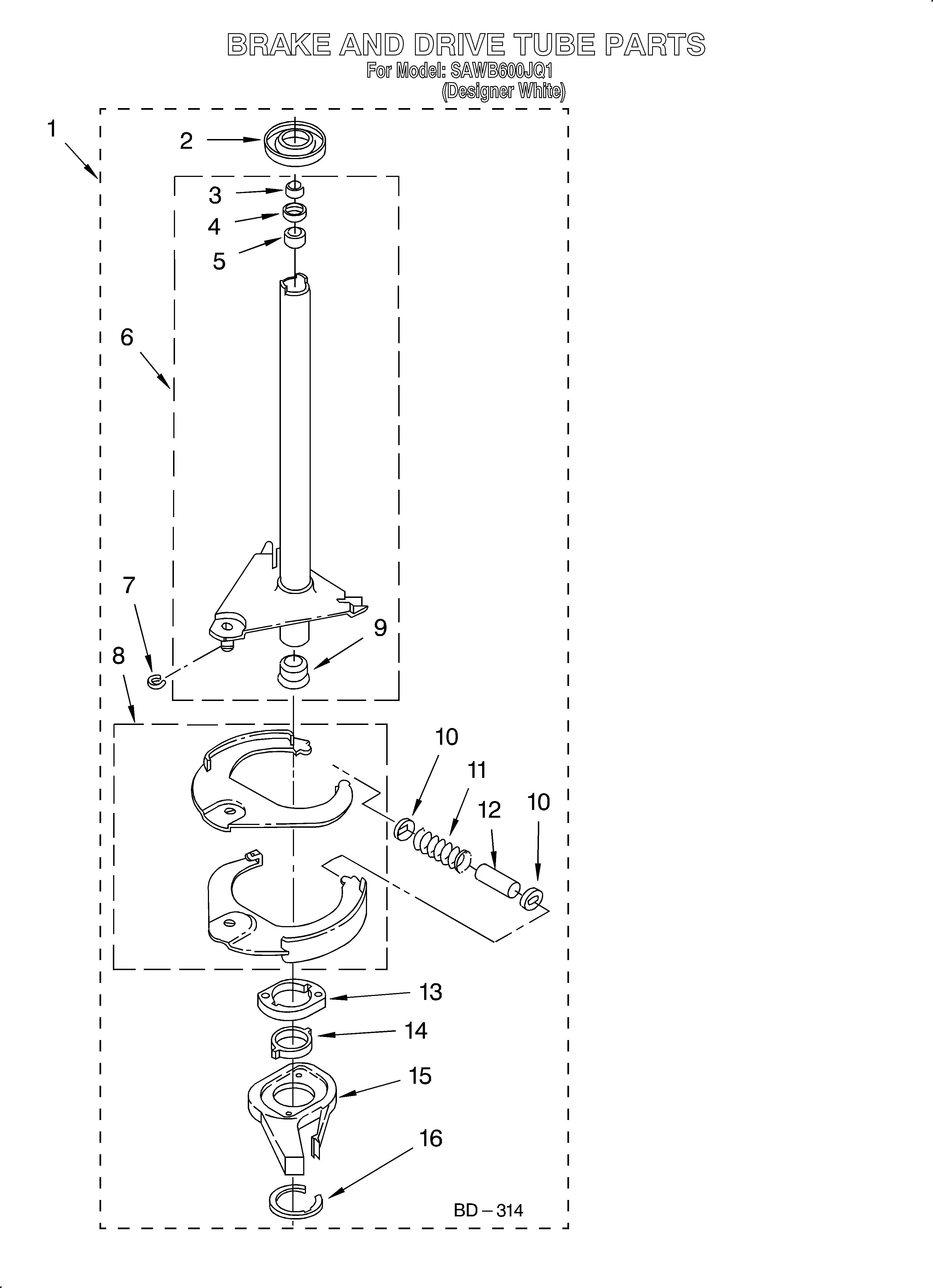Whirlpool SAWB600JQ1 brake and drive tube diagram