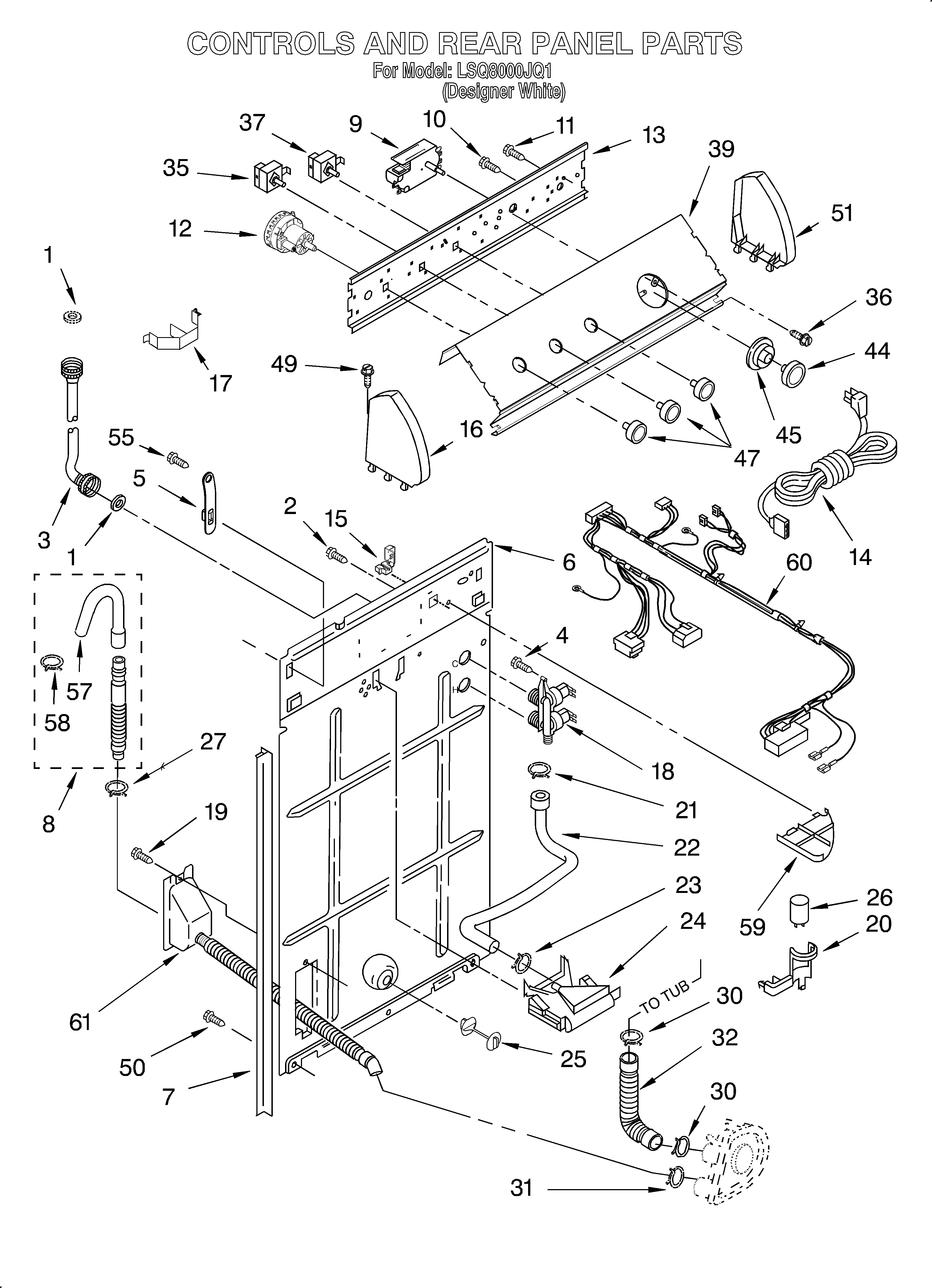 Whirlpool LSQ8000JQ1 controls and rear panel diagram