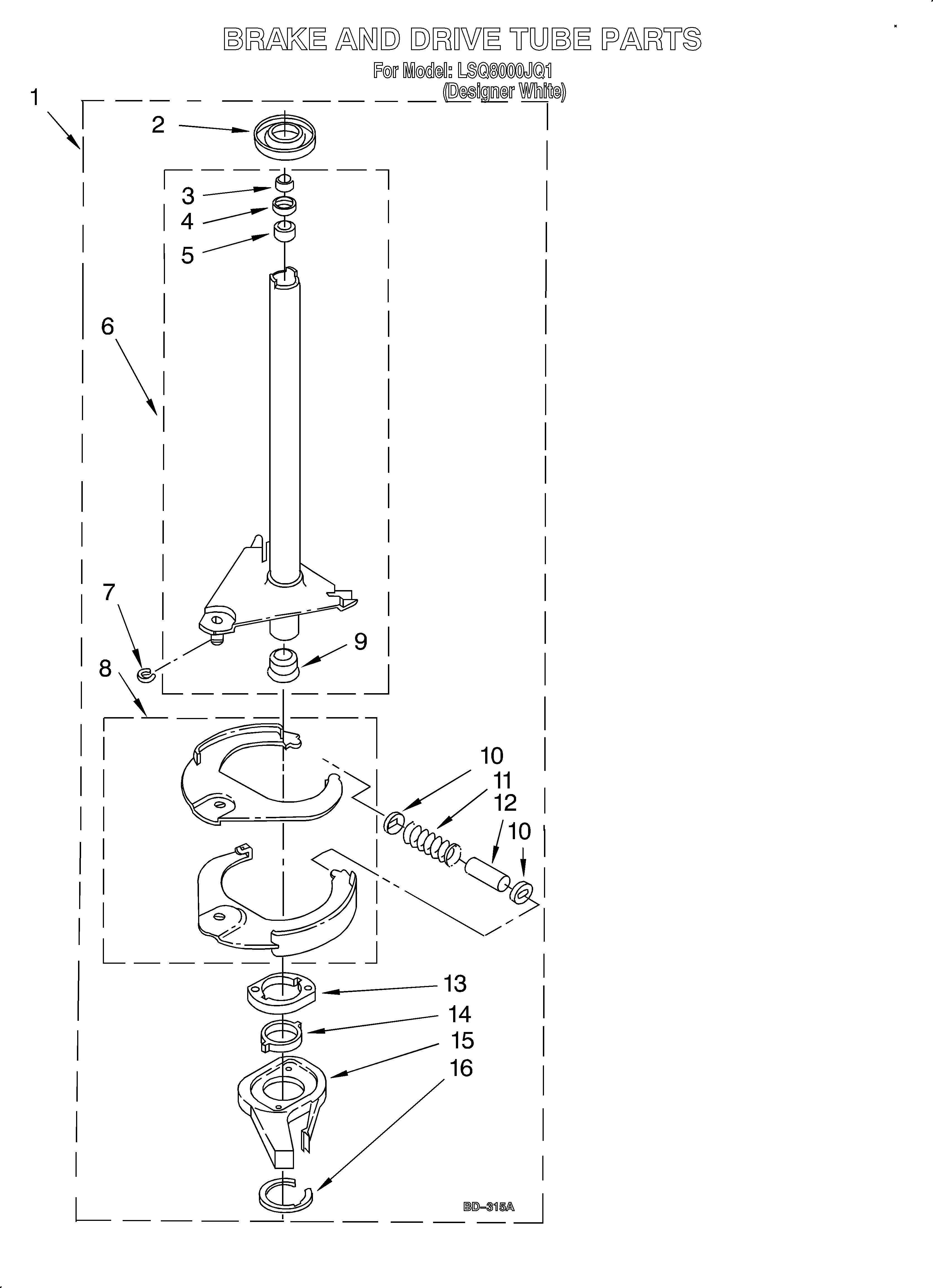 Whirlpool LSQ8000JQ1 brake and drive tube diagram