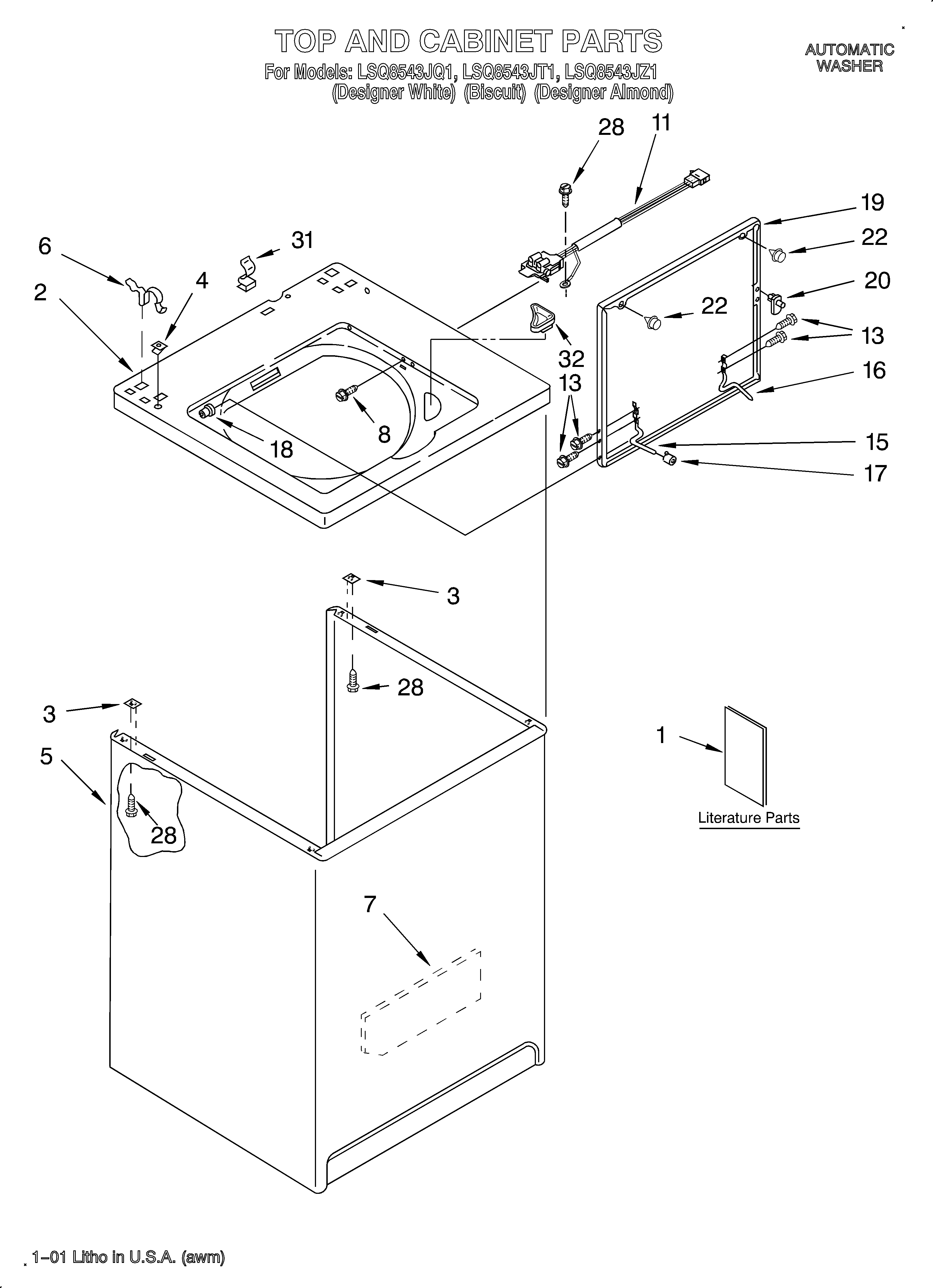 Whirlpool LSQ8543JZ1 top and cabinet/literature diagram