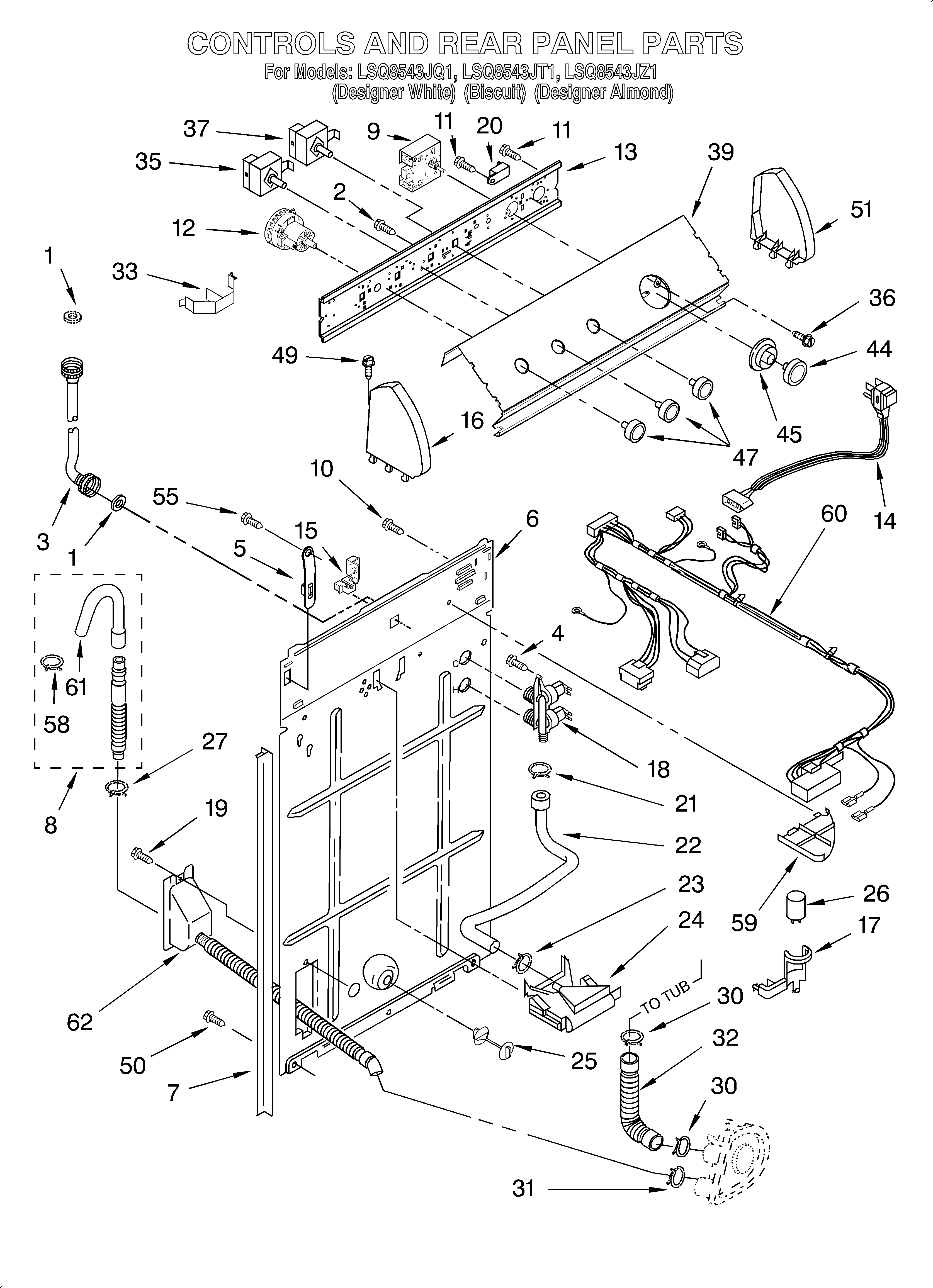 Whirlpool LSQ8543JZ1 controls and rear panel diagram