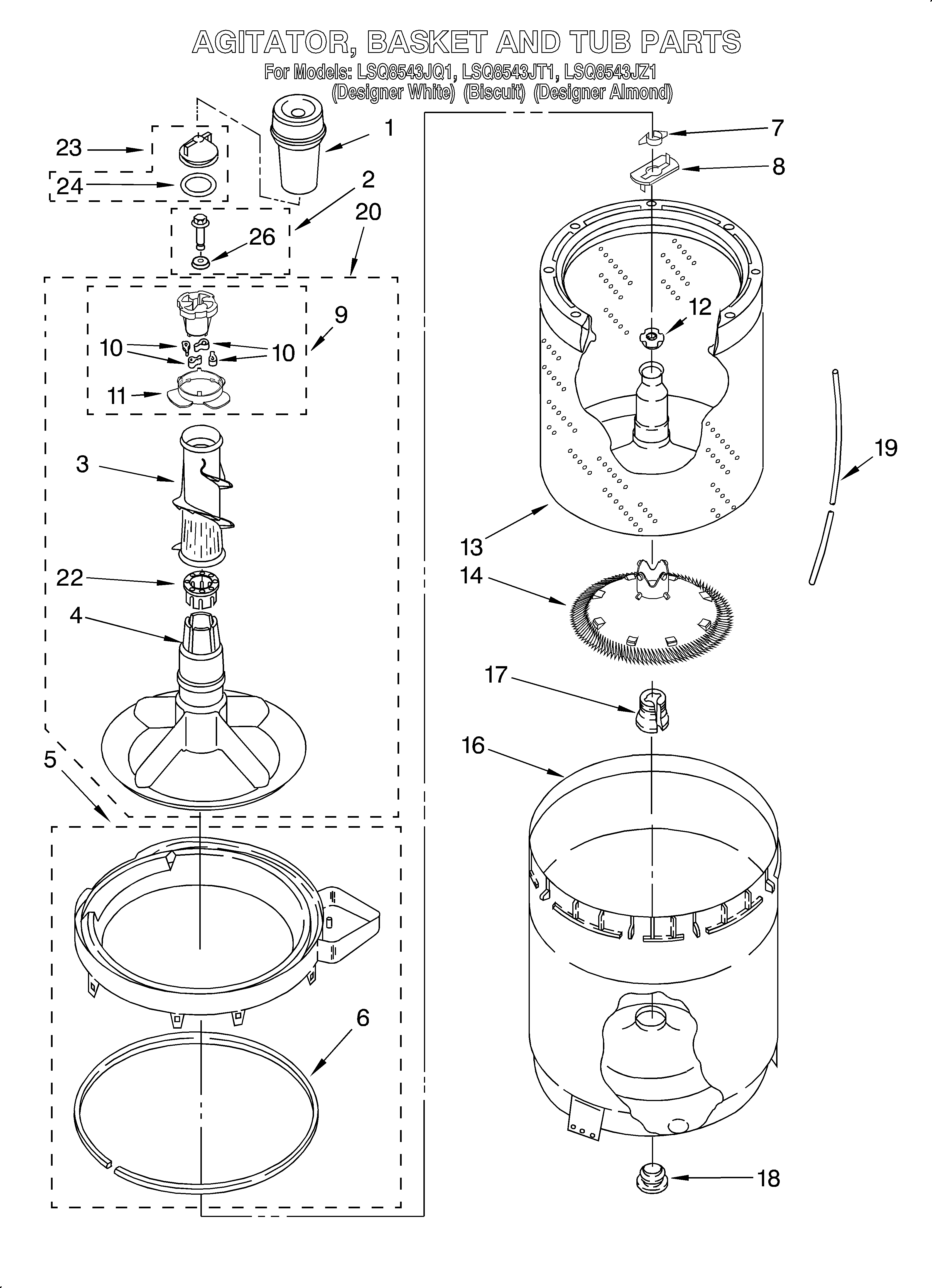 Whirlpool LSQ8543JZ1 agitator, basket and tub diagram