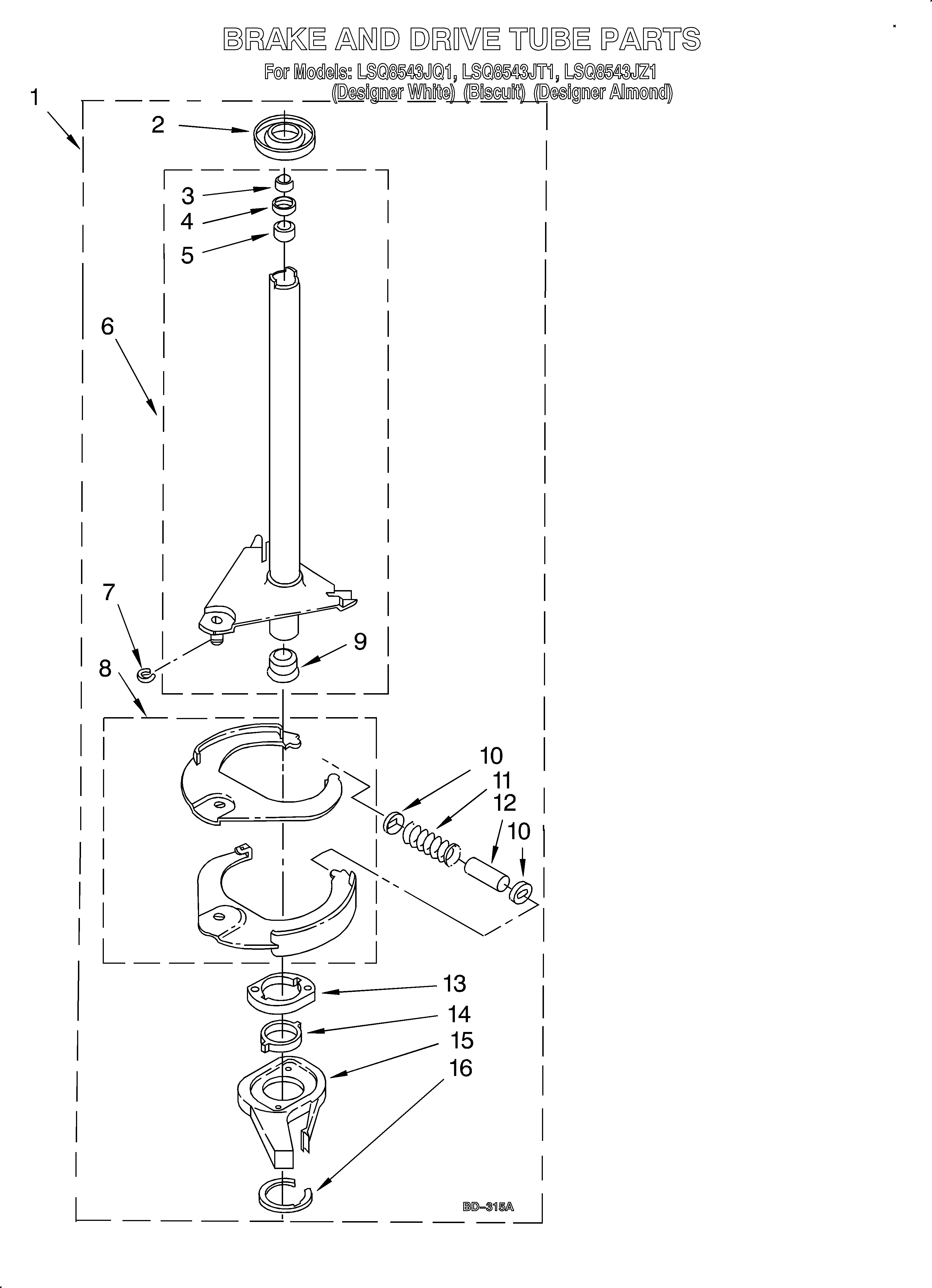 Whirlpool LSQ8543JZ1 brake and drive tube diagram