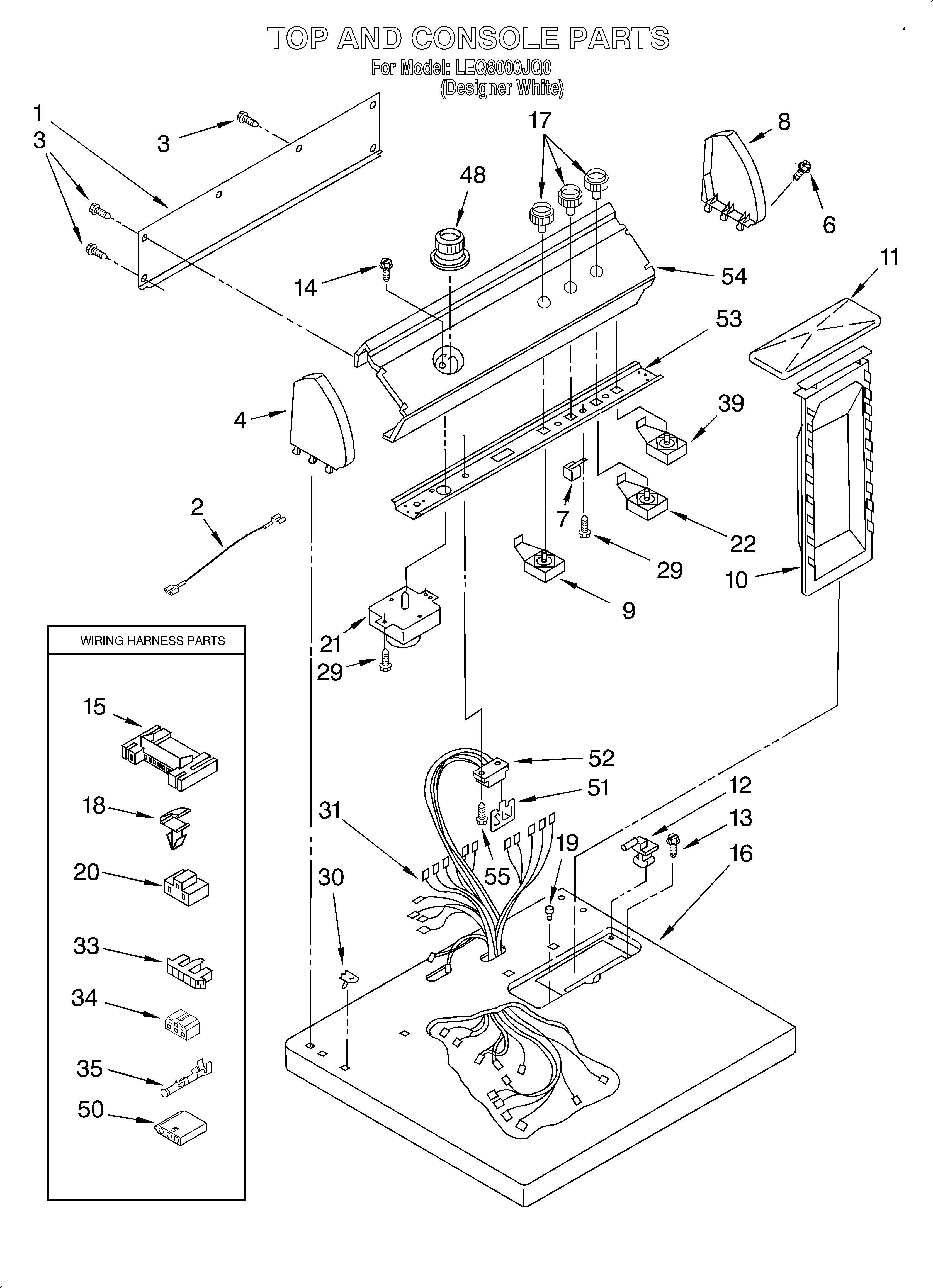 Whirlpool LEQ8000JQ0 top and console/literature diagram