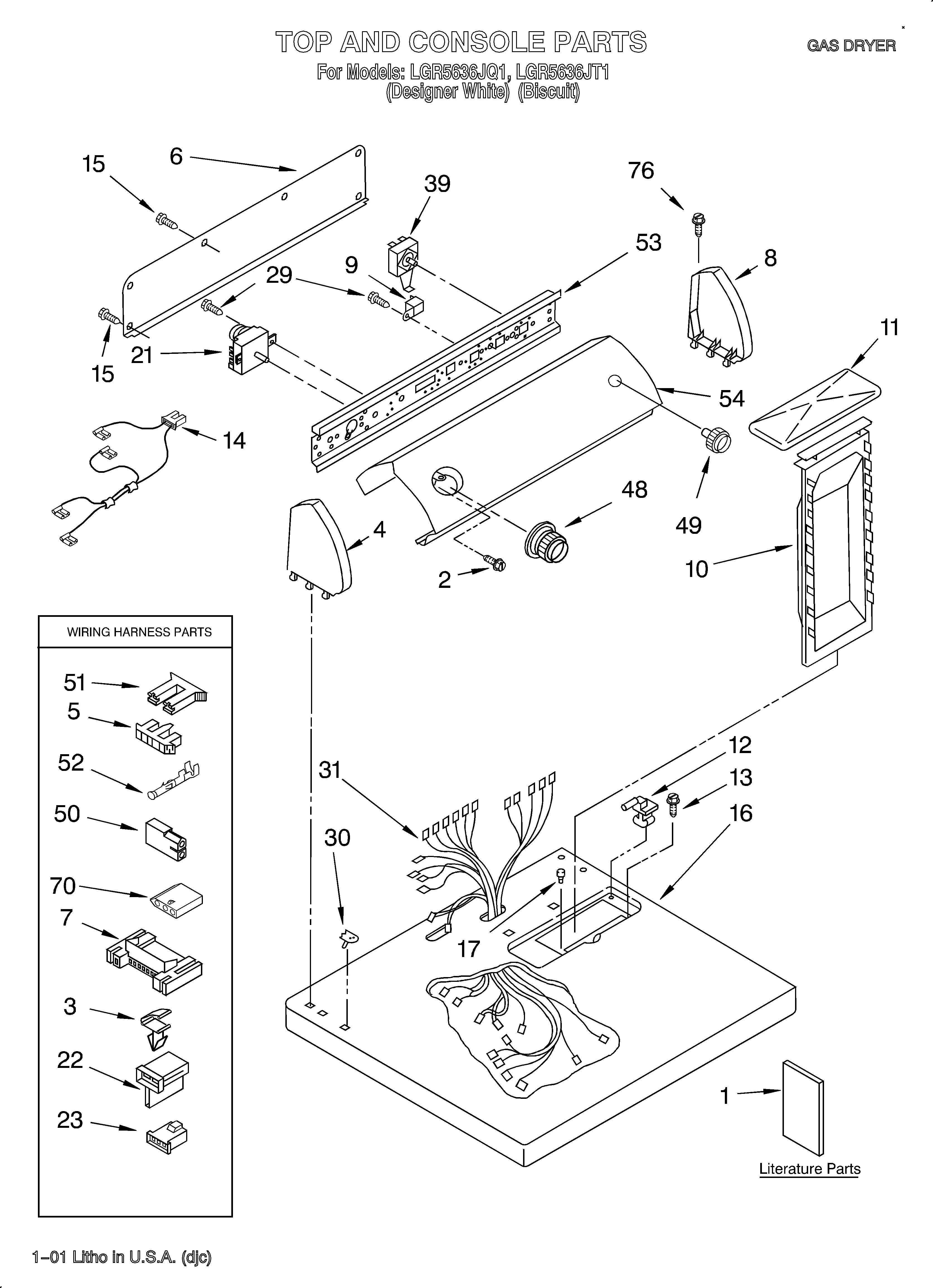 Whirlpool LGR5636JQ1 top and console/lit/optional diagram