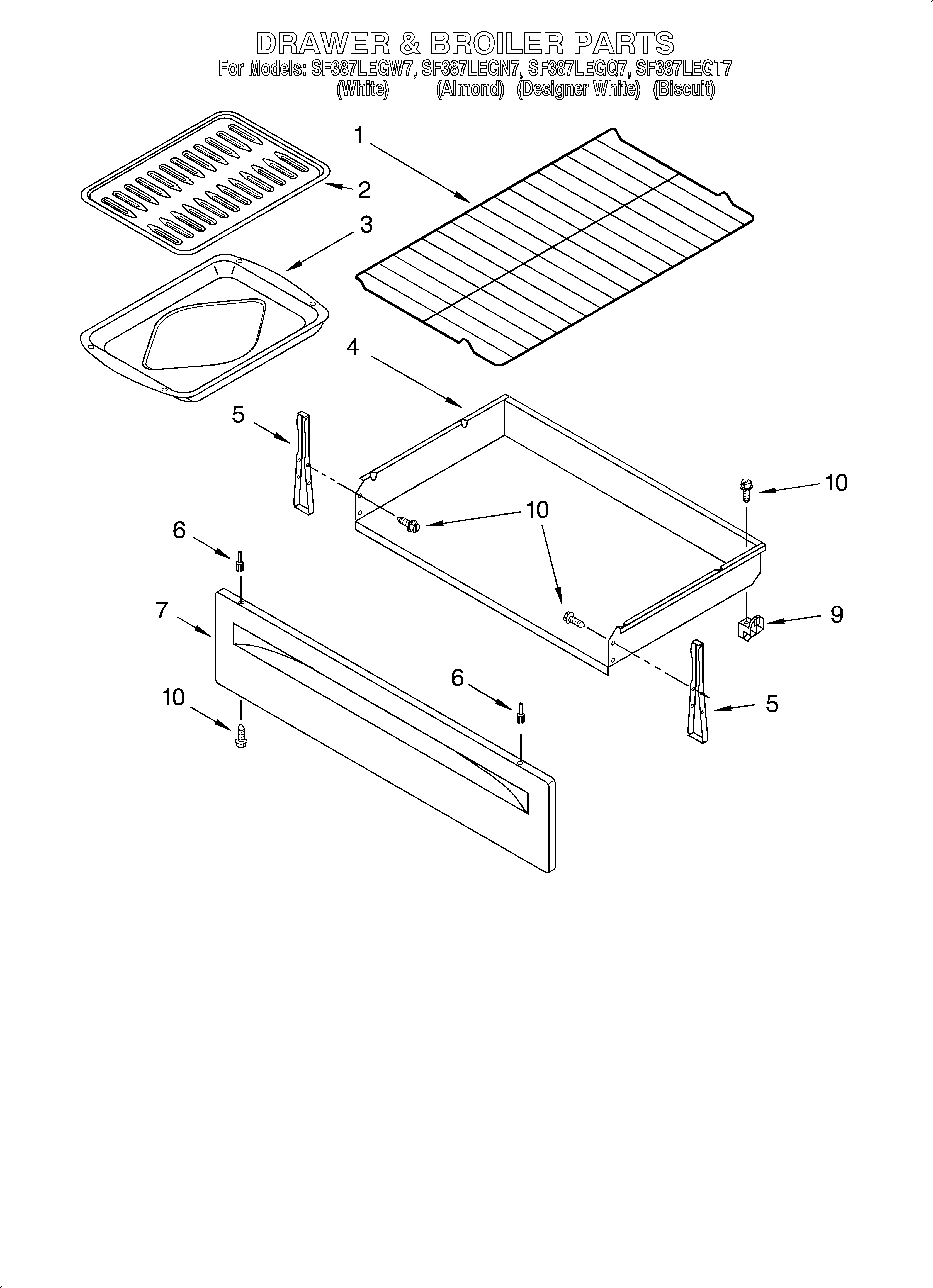 Whirlpool SF387LEGT7 drawer and broiler diagram