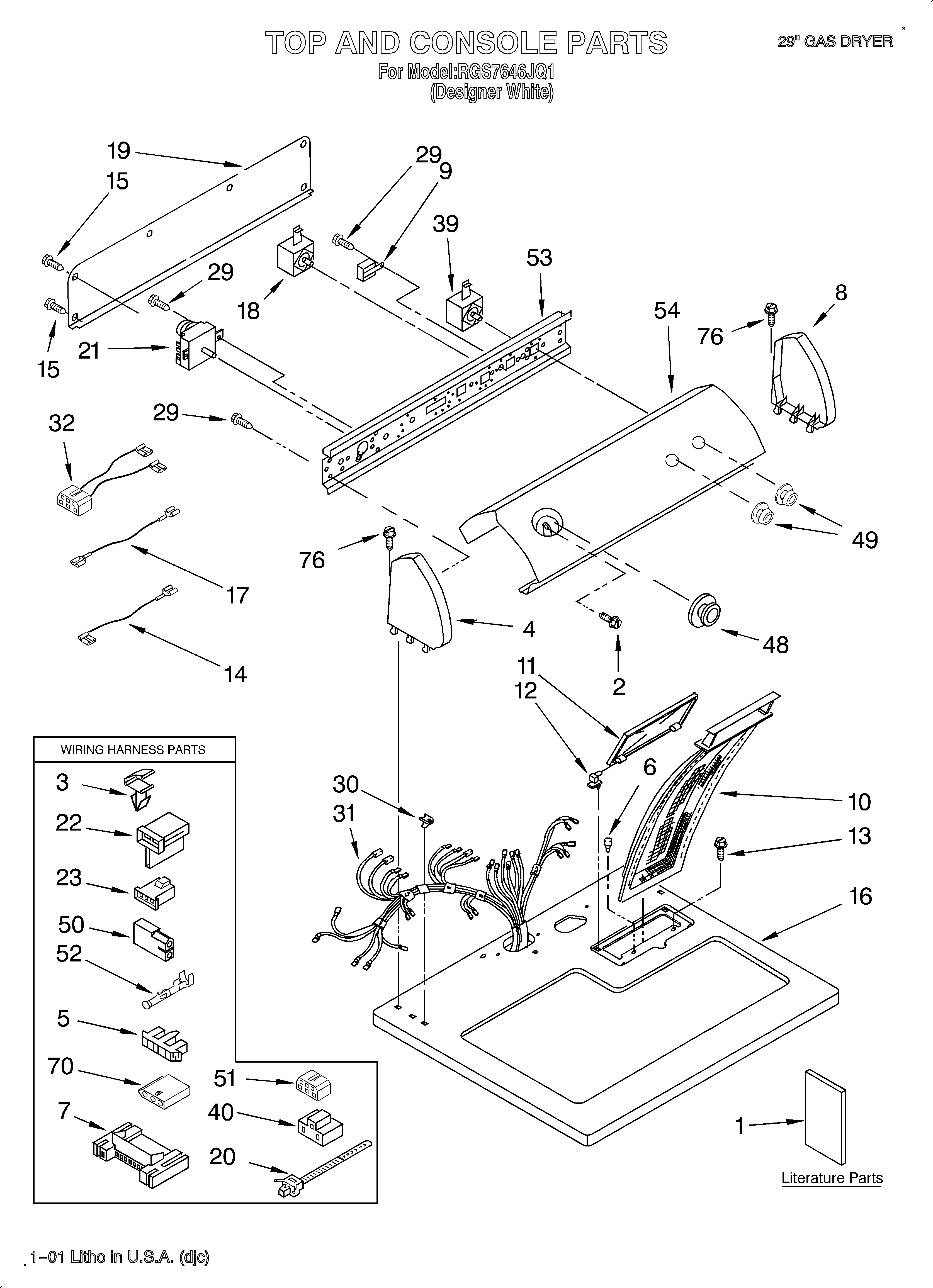 Roper RGS7646JQ1 top and console/lit/optional diagram