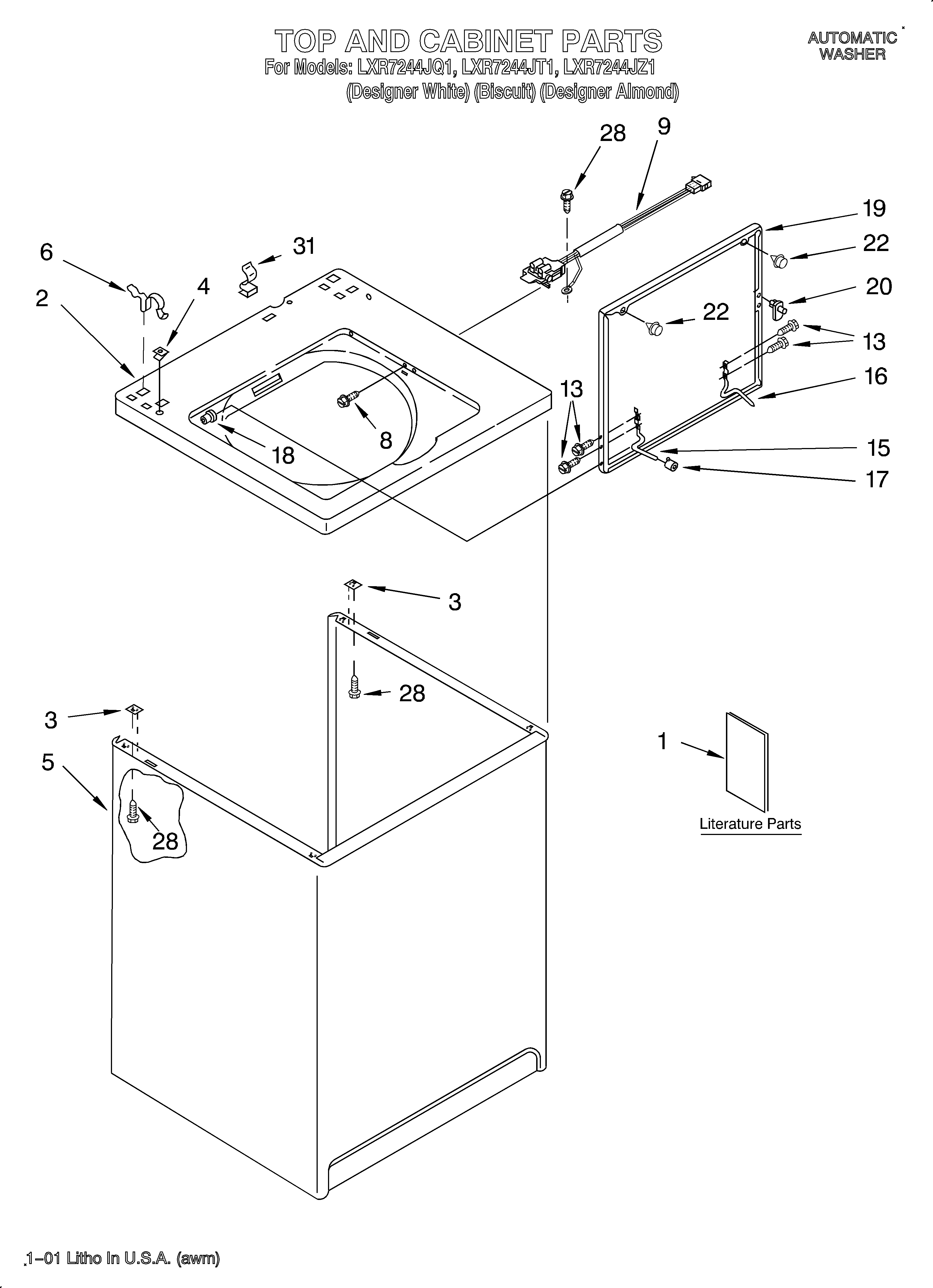 Whirlpool LXR7244JT1 top and cabinet/literature diagram