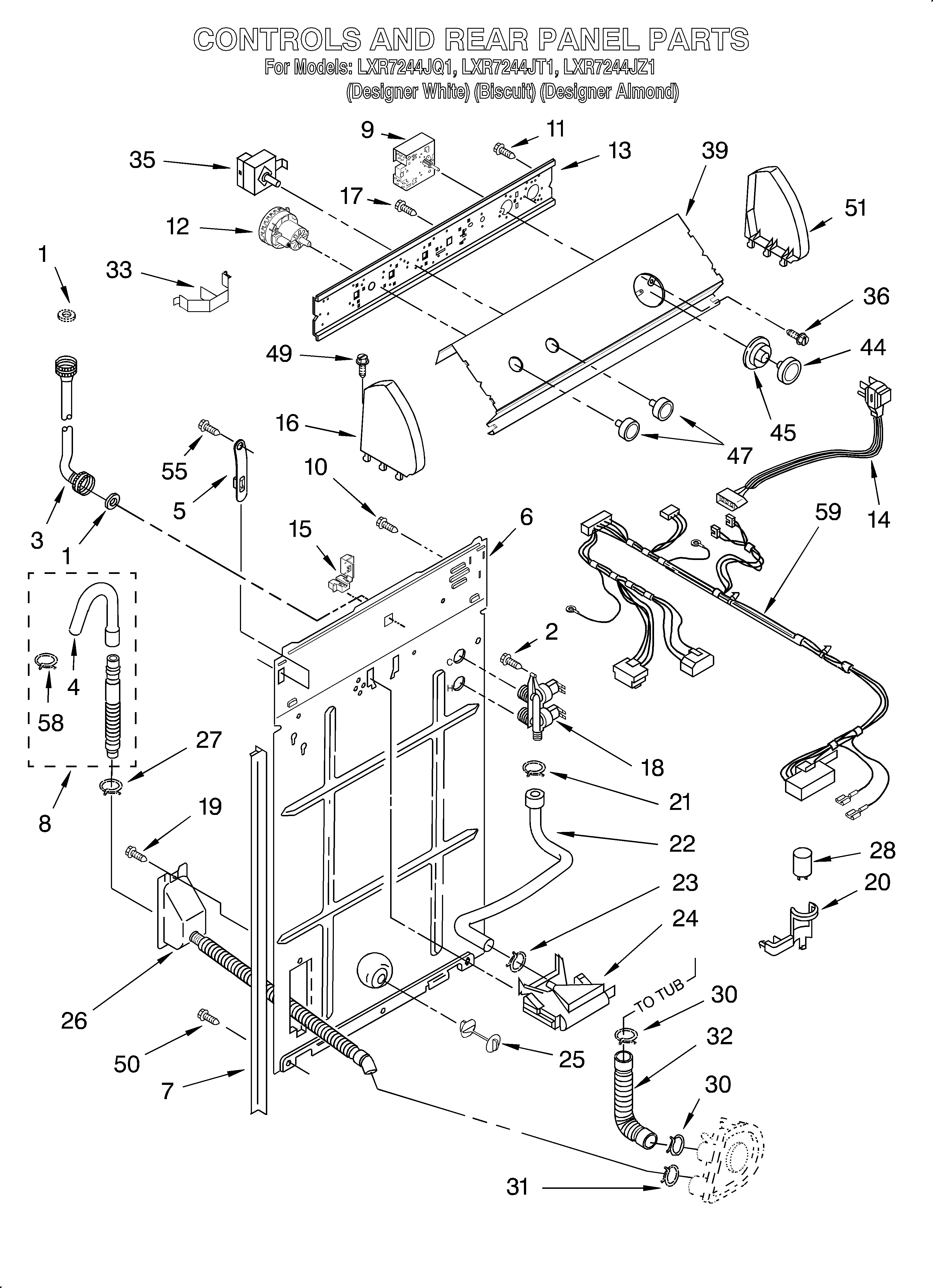 Whirlpool LXR7244JT1 controls and rear panel diagram