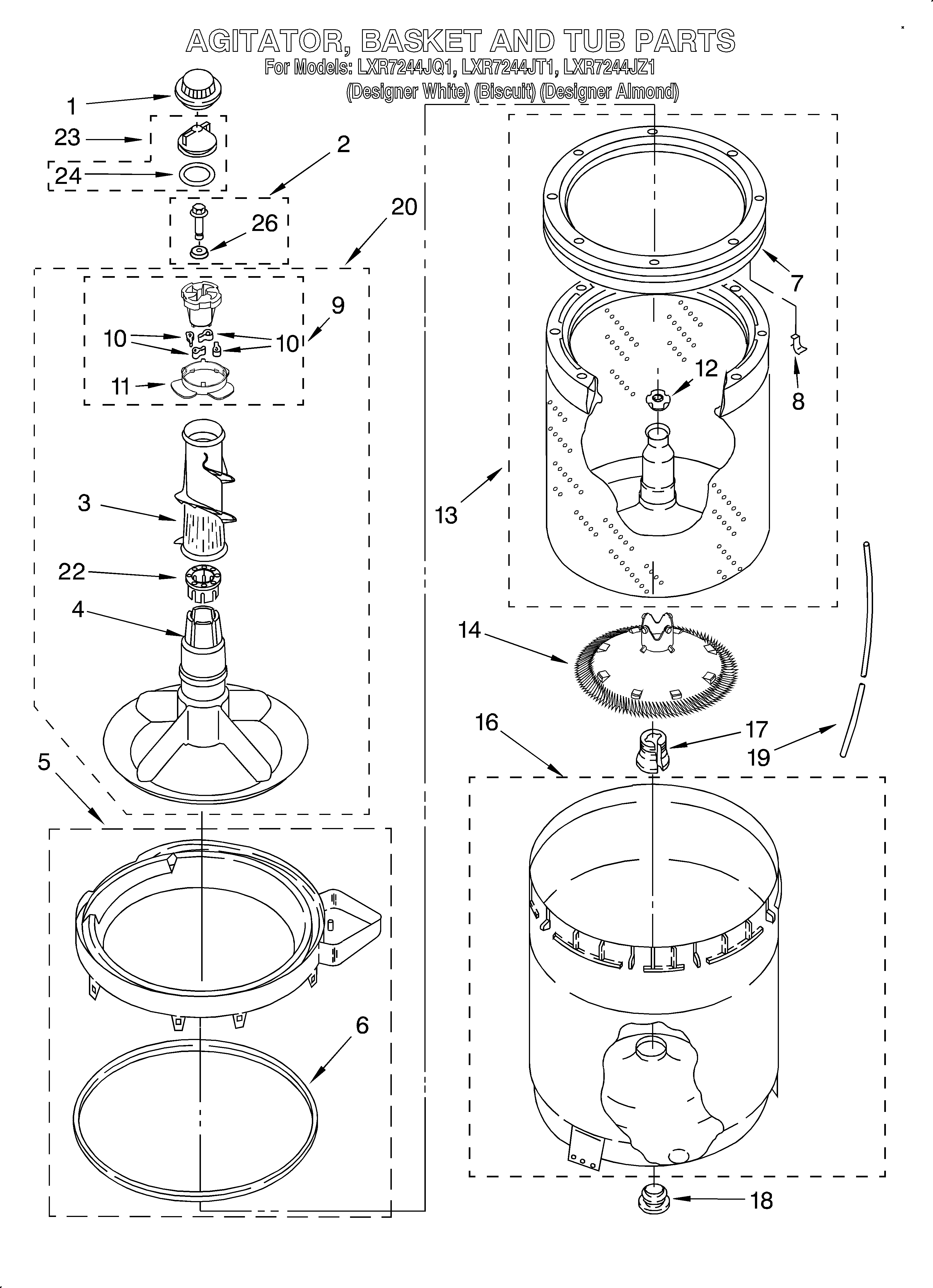 Whirlpool LXR7244JT1 agitator, basket, and tub diagram