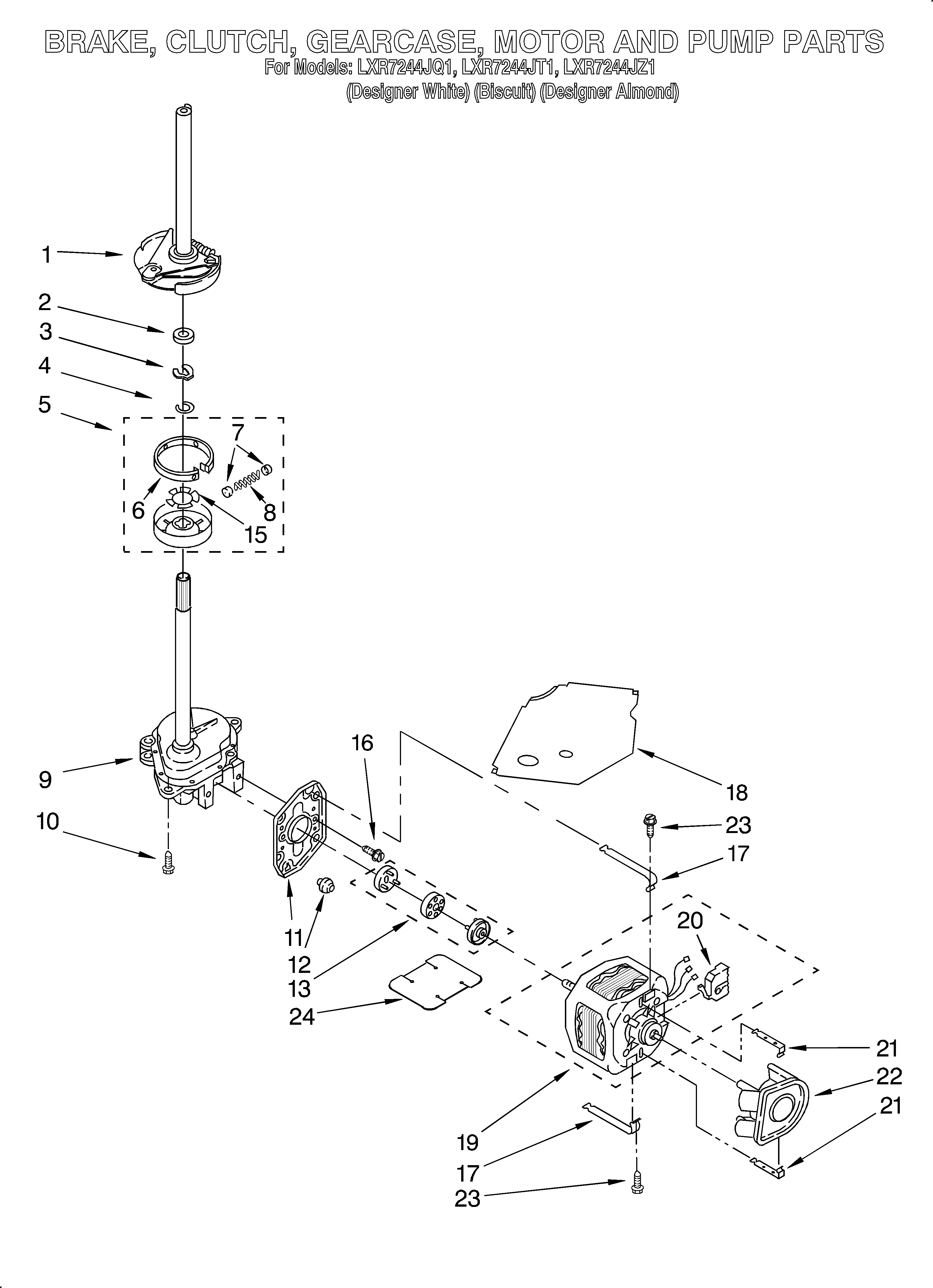 Whirlpool LXR7244JT1 brake, clutch, gearcase, motor and pump diagram