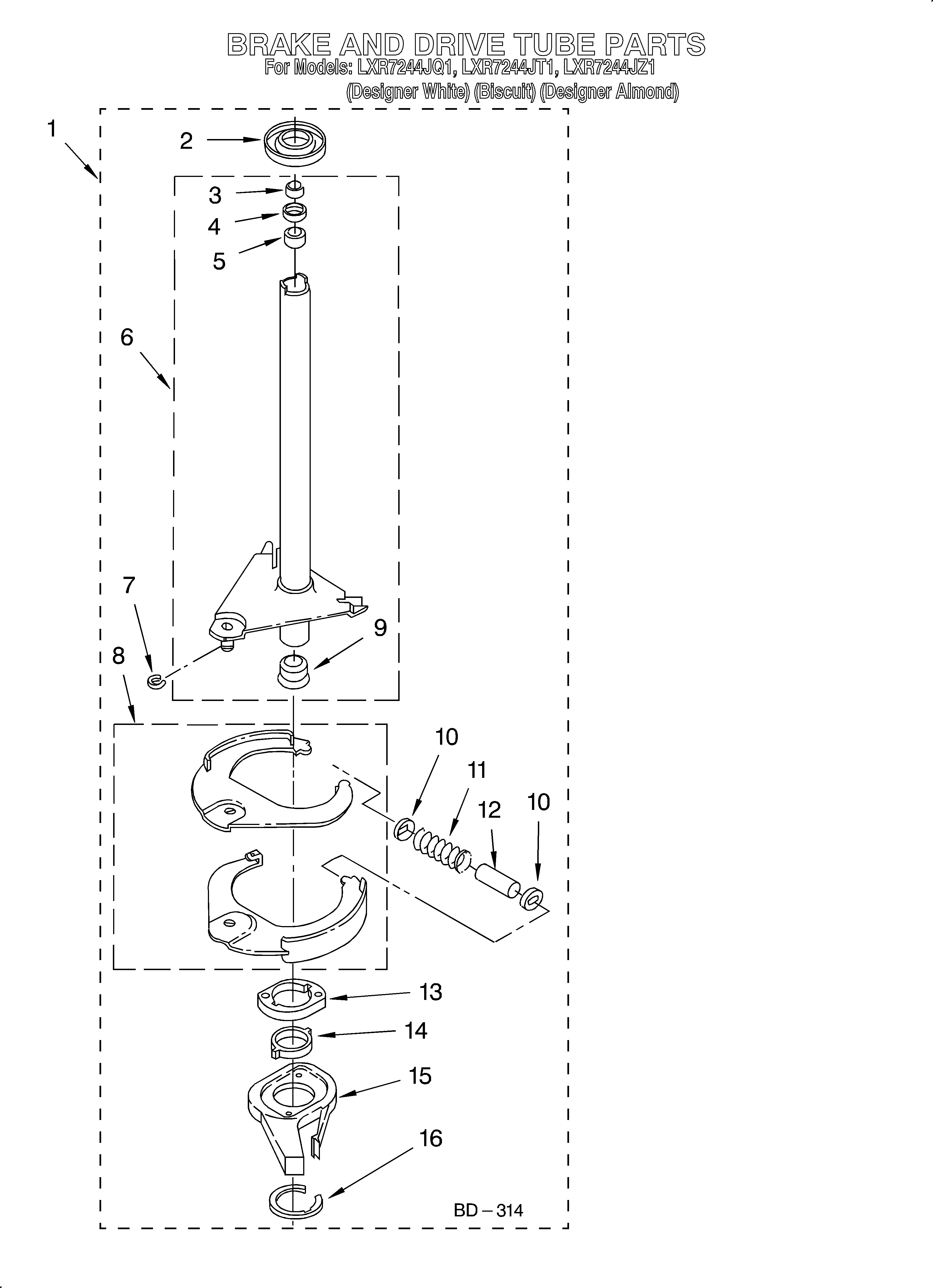 Whirlpool LXR7244JT1 brake and drive tube diagram