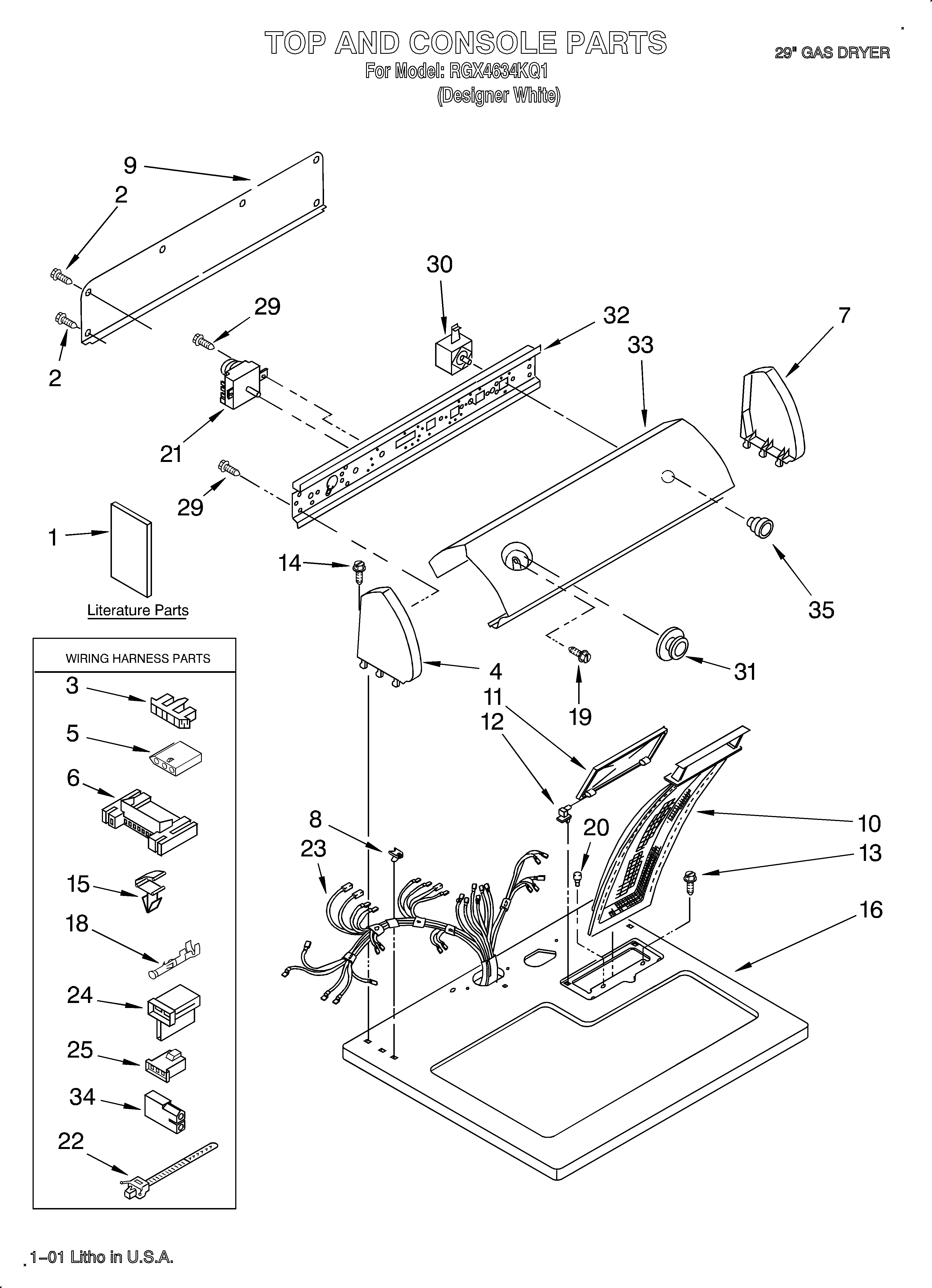 Roper RGX4634KQ1 top and console/lit/optional diagram