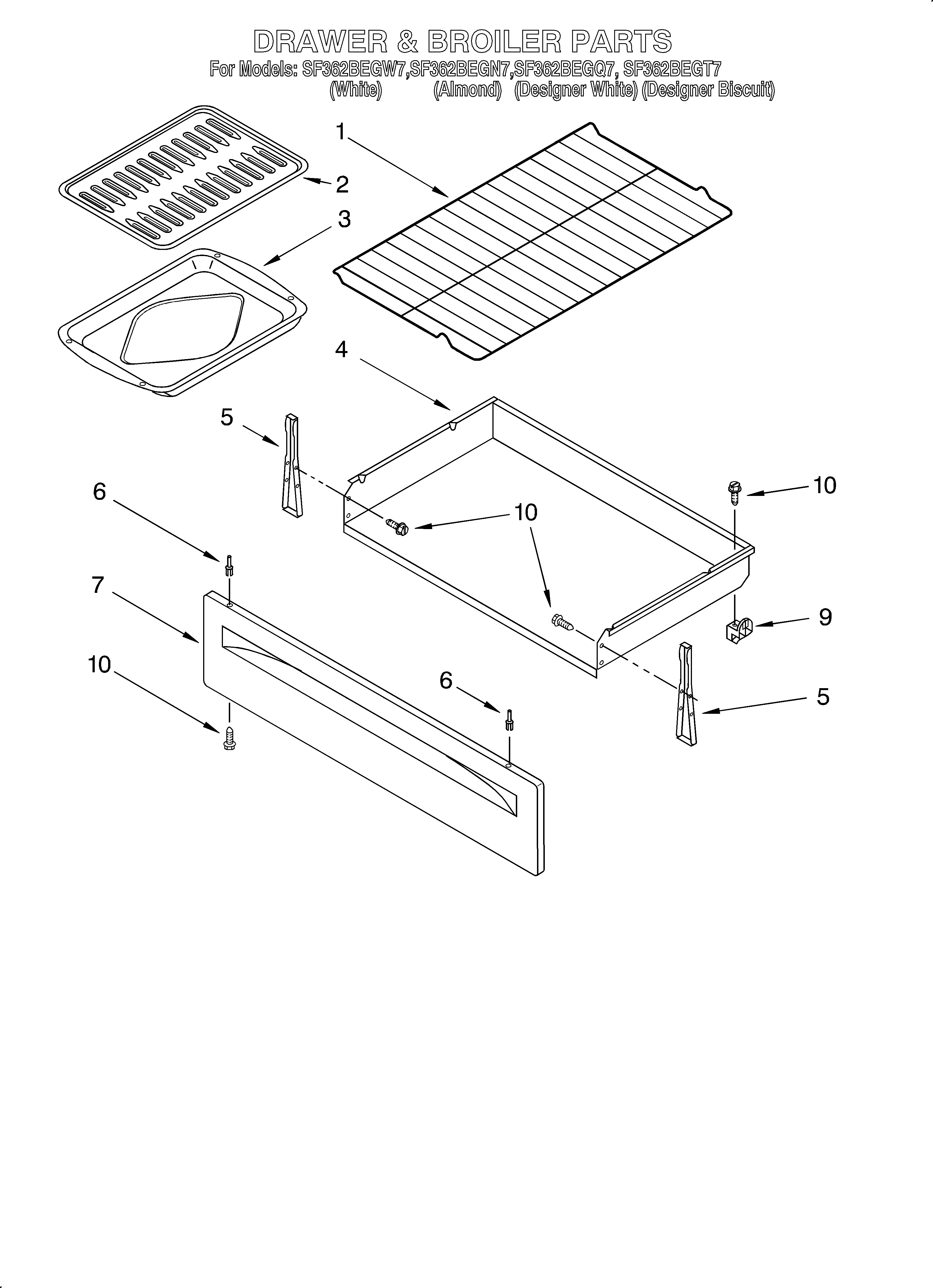 Whirlpool SF362BEGQ7 drawer and broiler diagram