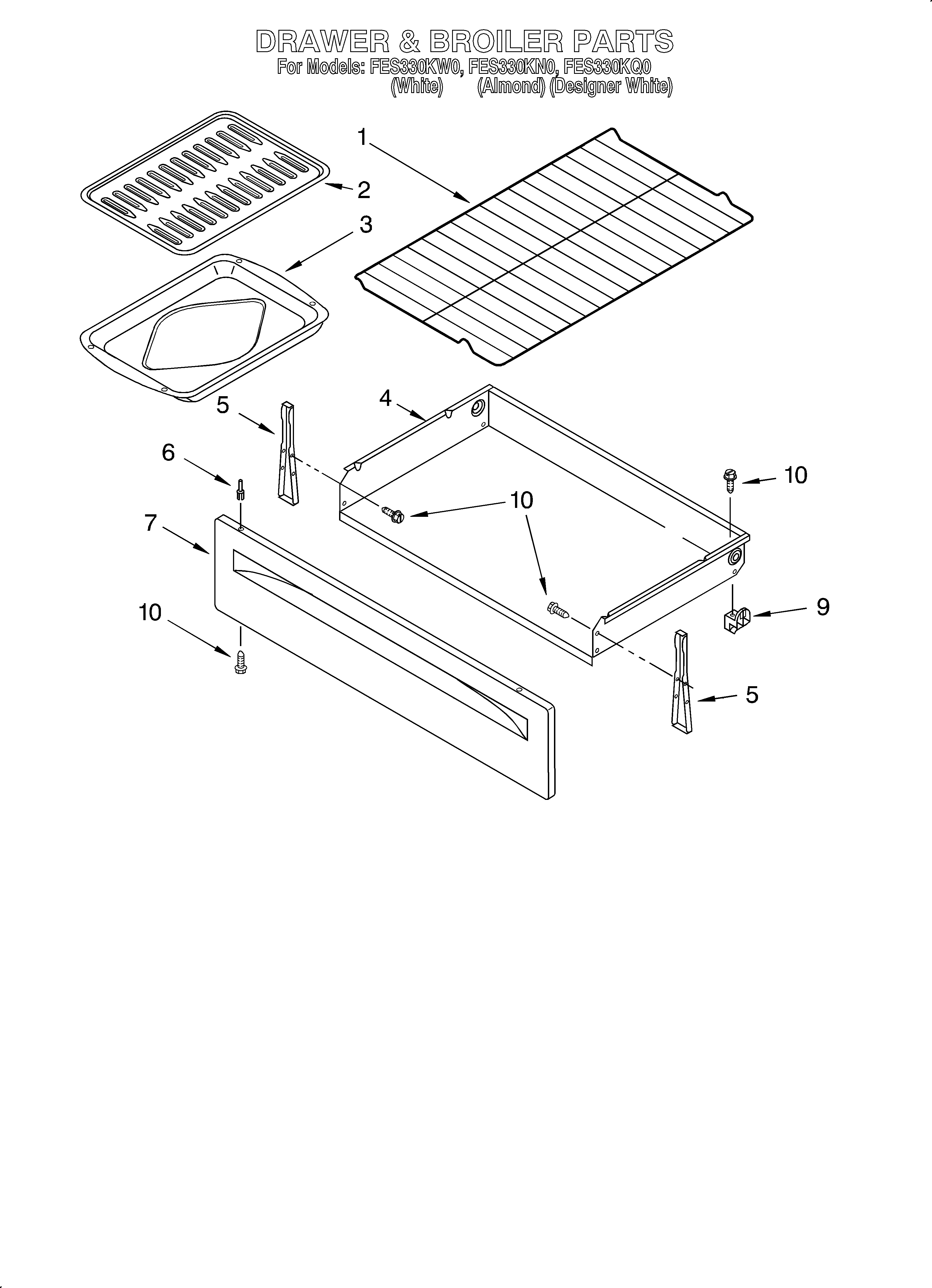 Roper FES330KW0 drawer and broiler diagram