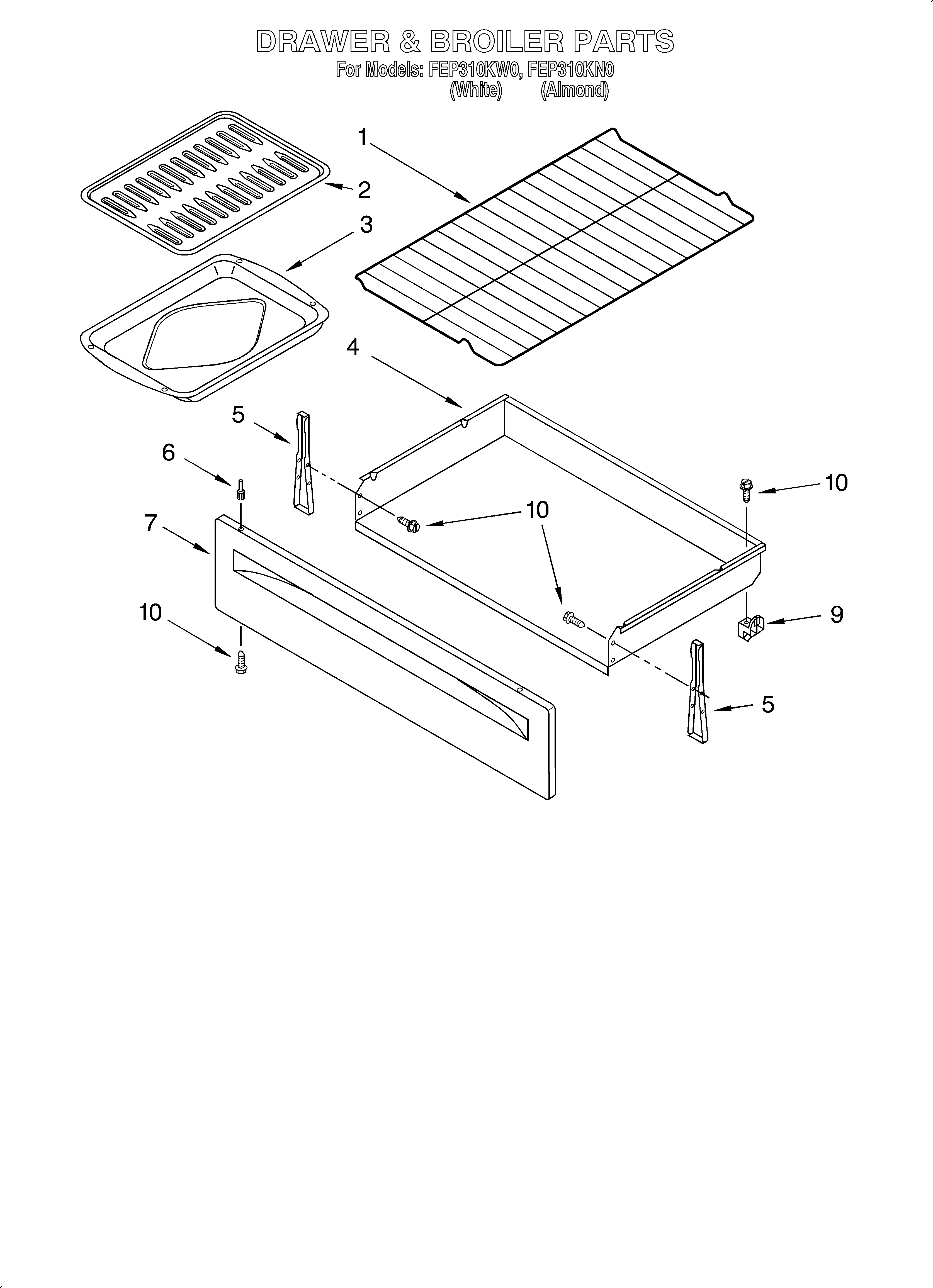 Roper FEP310KW0 drawer and broiler diagram