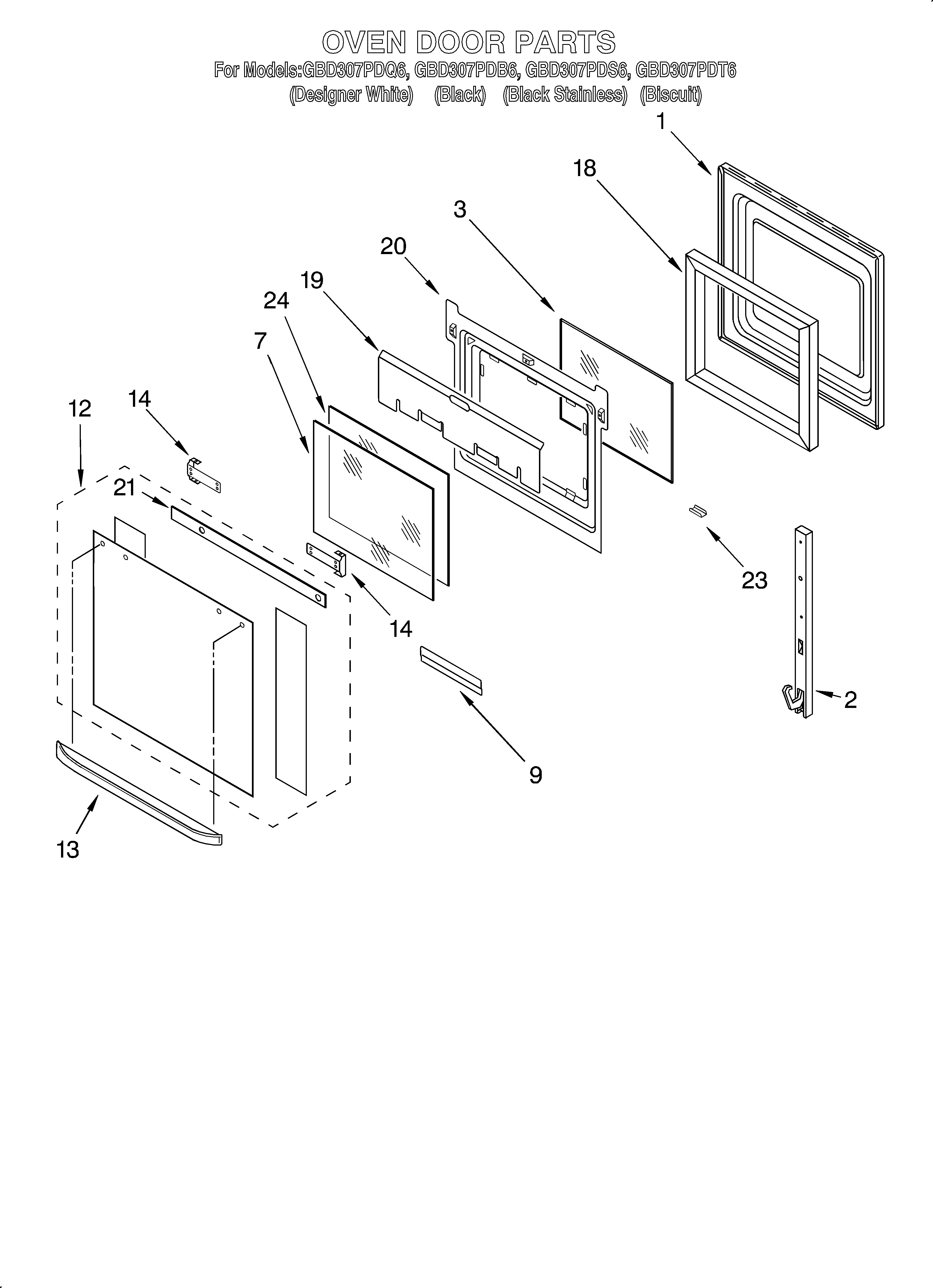 Whirlpool GBD307PDQ6 oven door diagram