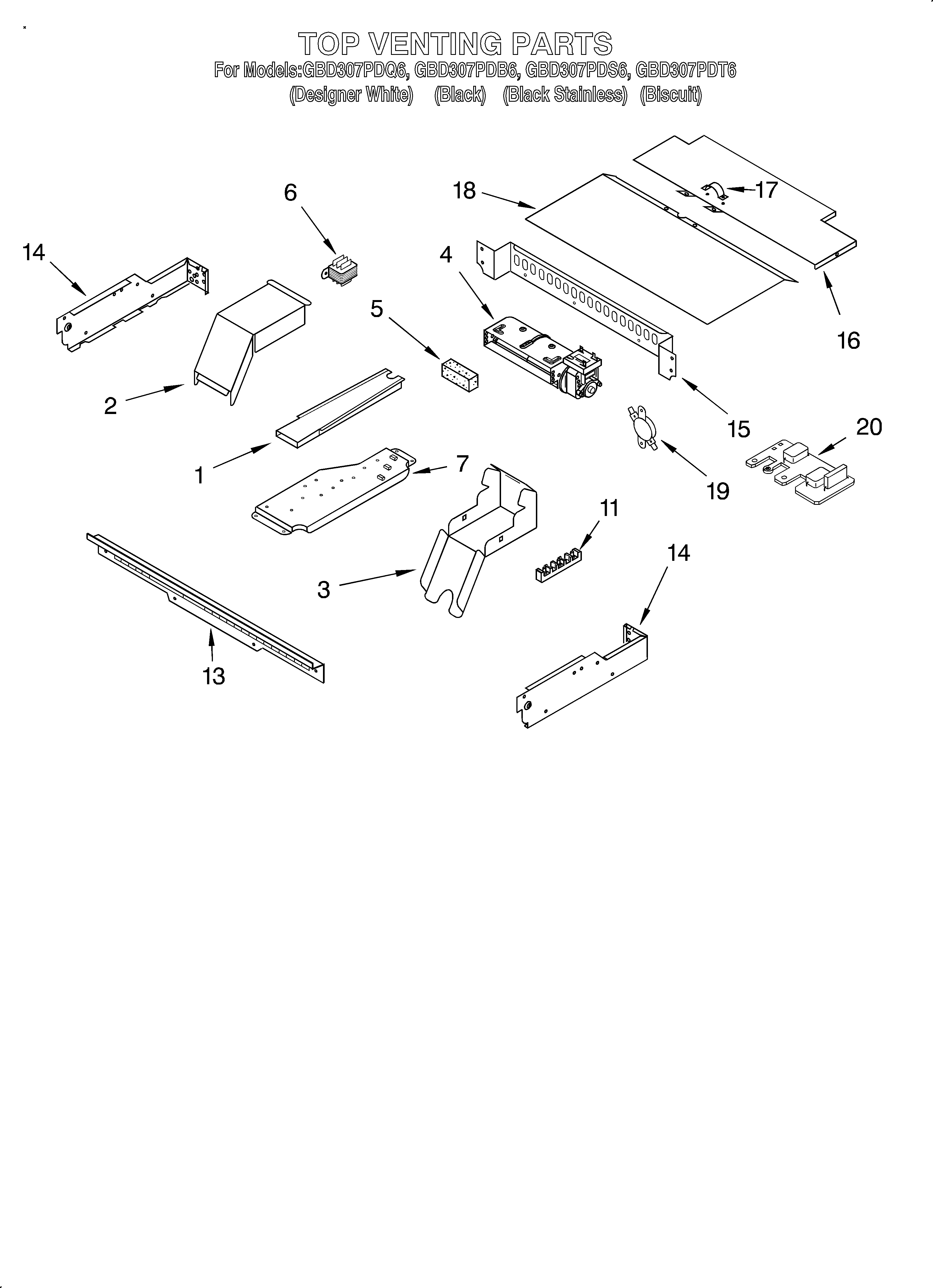 Whirlpool GBD307PDQ6 top venting/optional diagram