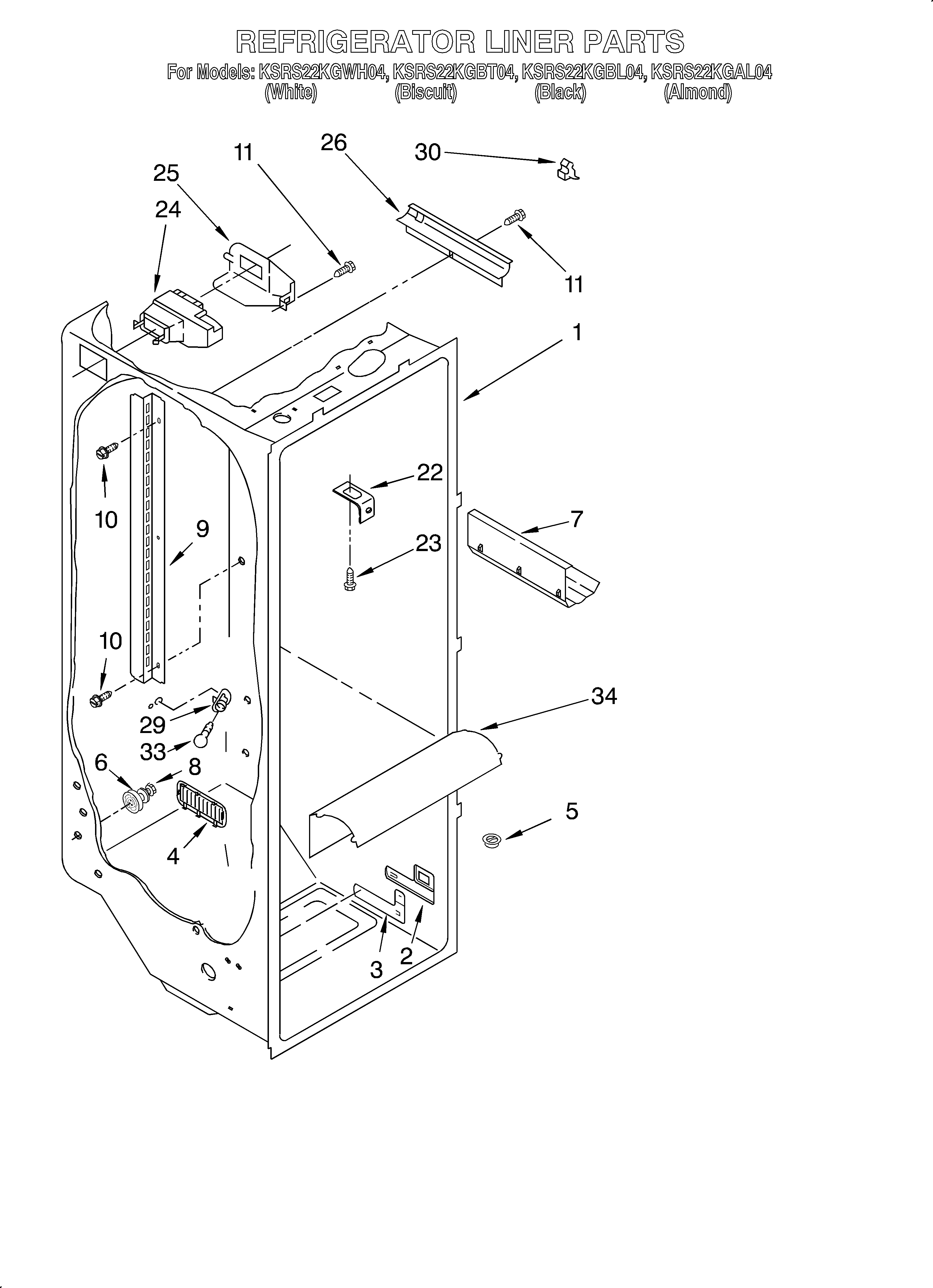 KitchenAid KSRS22KGWH04 refrigerator liner diagram