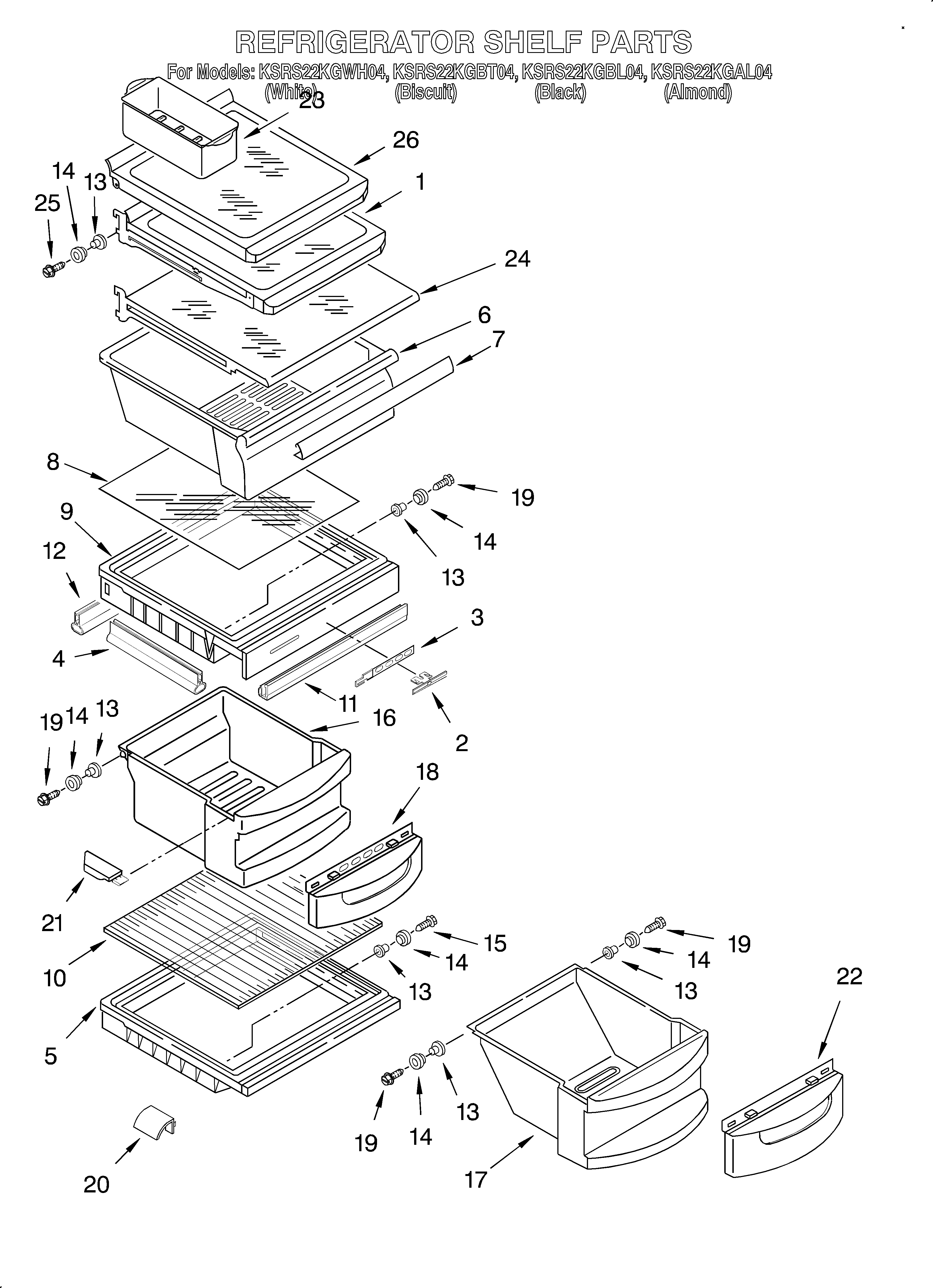 KitchenAid KSRS22KGWH04 refrigerator shelf diagram