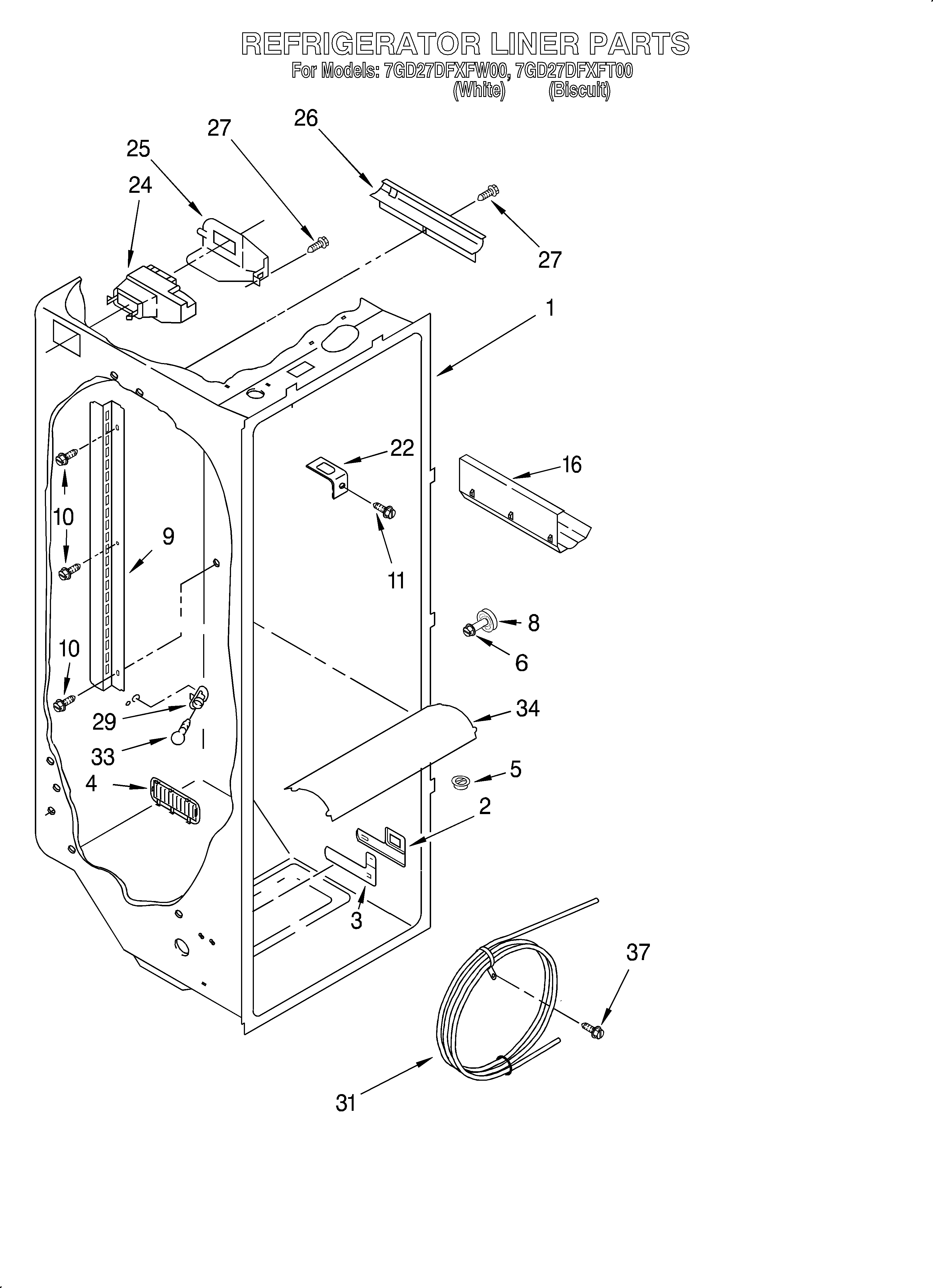 Whirlpool 7GD27DFXFT00 refrigerator liner diagram