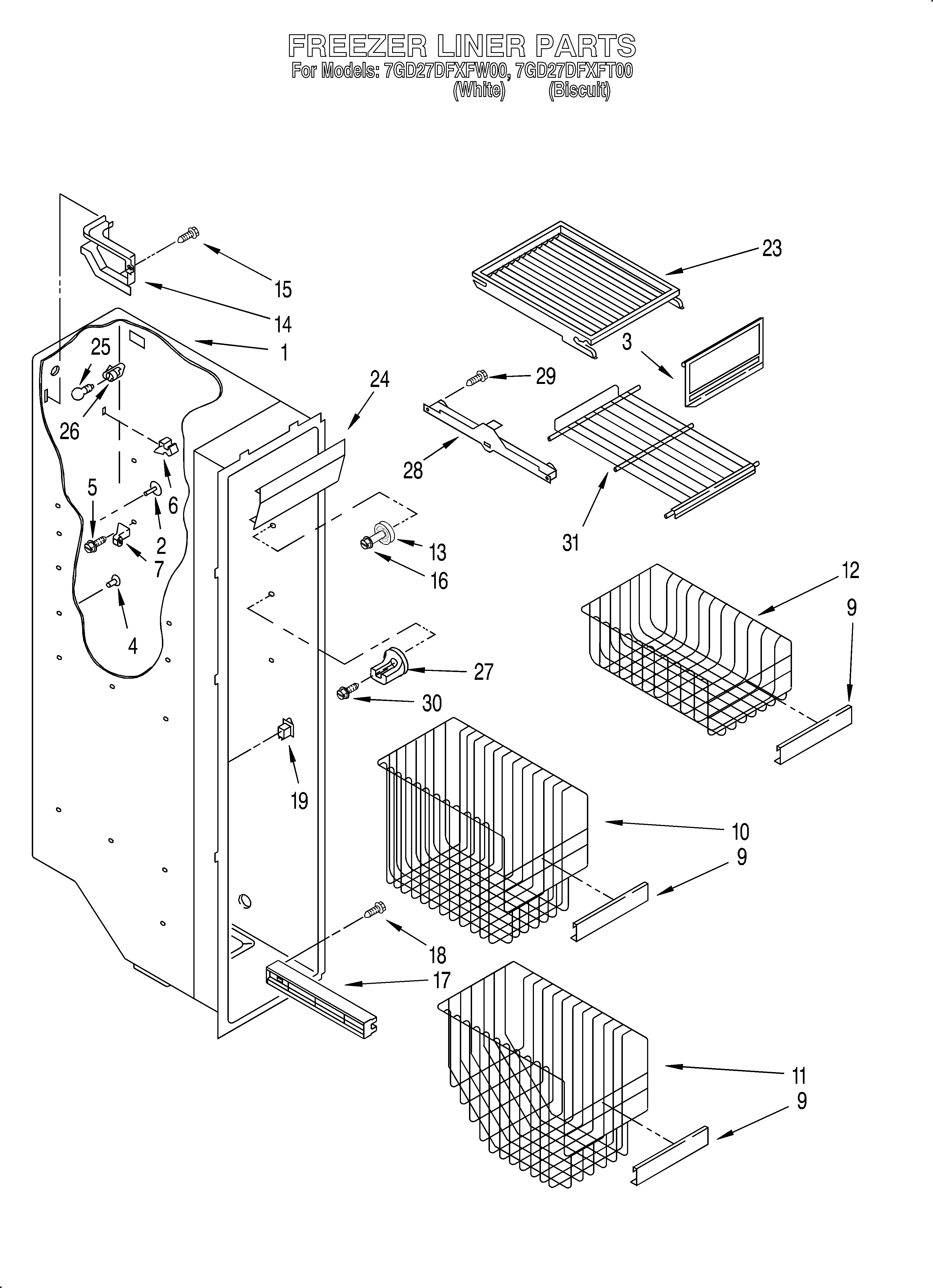 Whirlpool 7GD27DFXFT00 freezer liner diagram