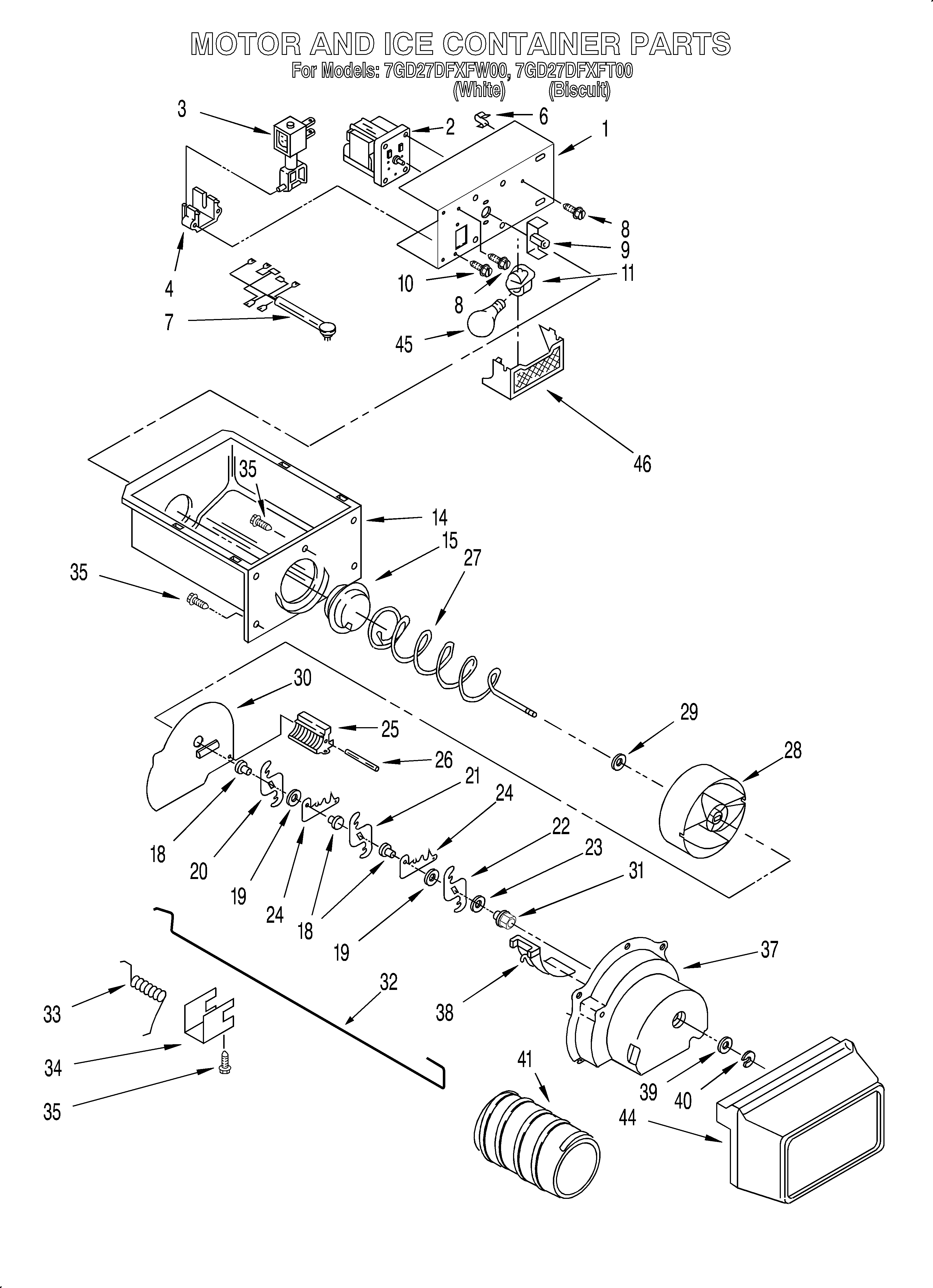 Whirlpool 7GD27DFXFT00 motor and ice container diagram
