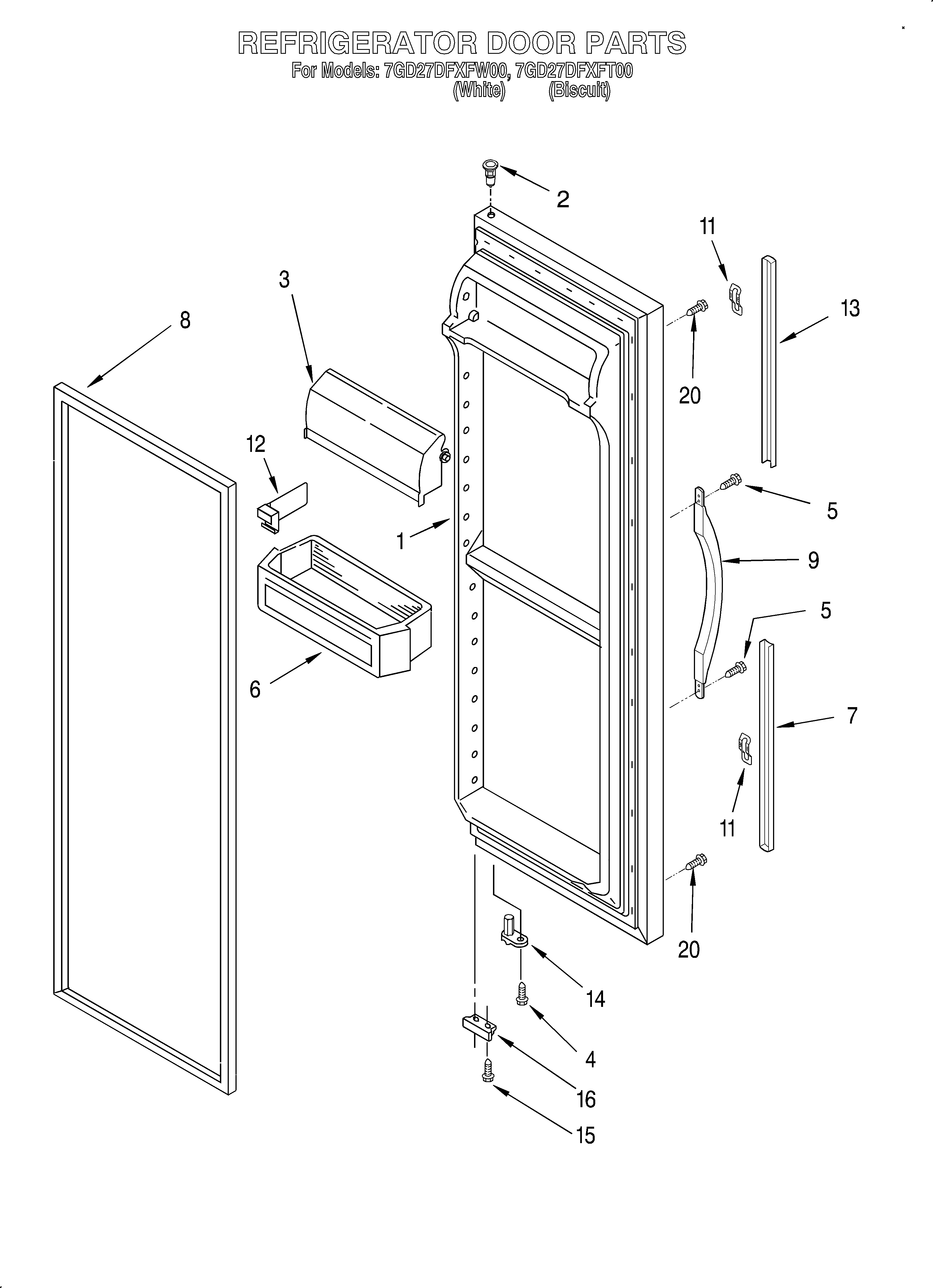 Whirlpool 7GD27DFXFT00 refrigerator door diagram