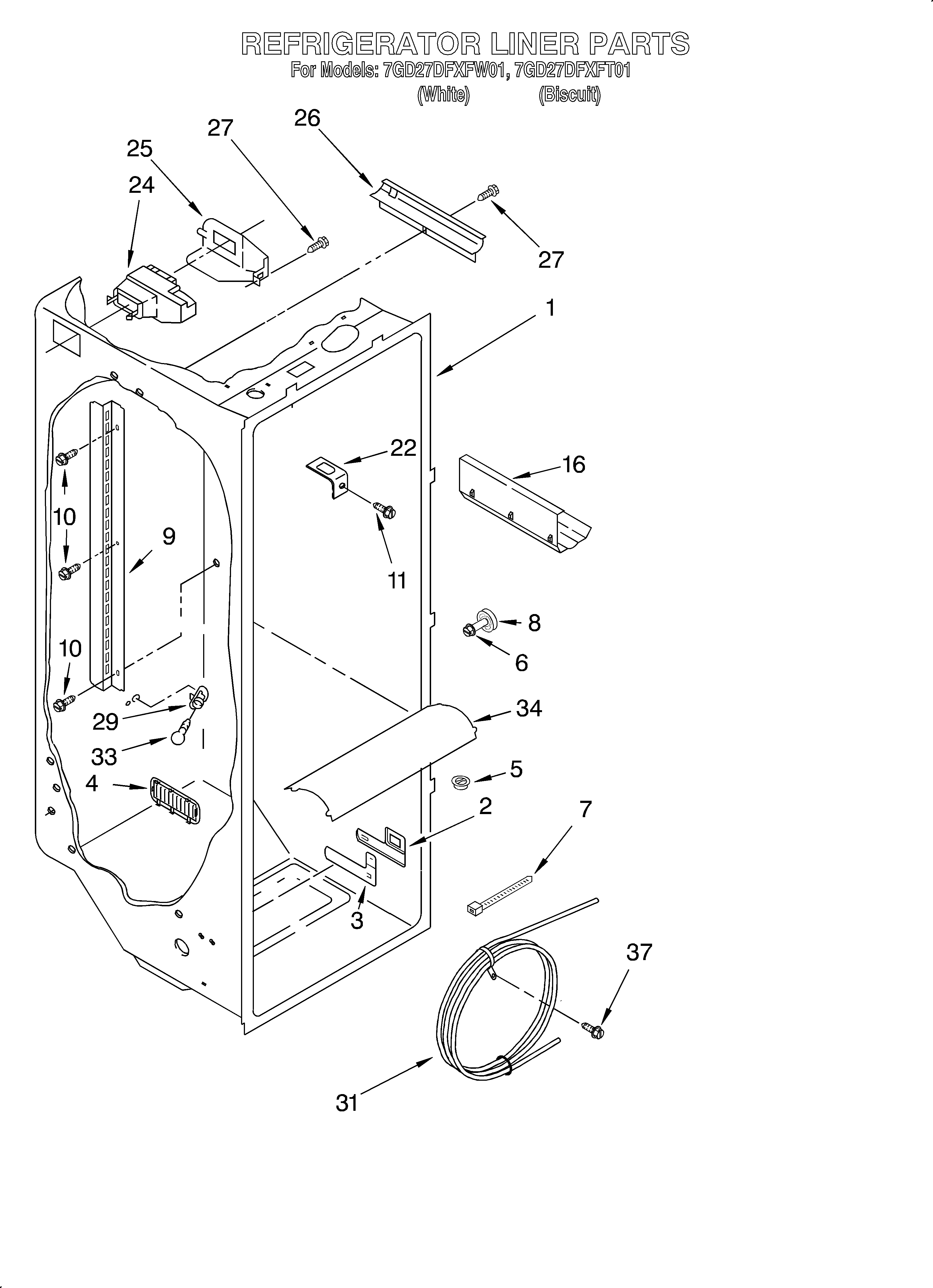Whirlpool 7GD27DFXFT01 refrigerator liner diagram
